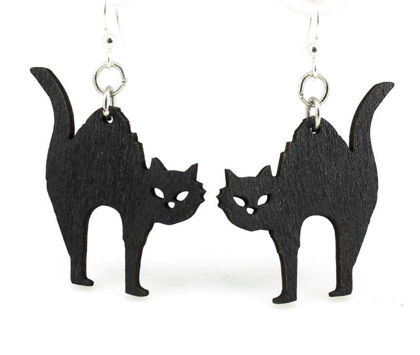 Halloween cat wood earrings — arched black Halloween cat in laser-cut wood, made in USA