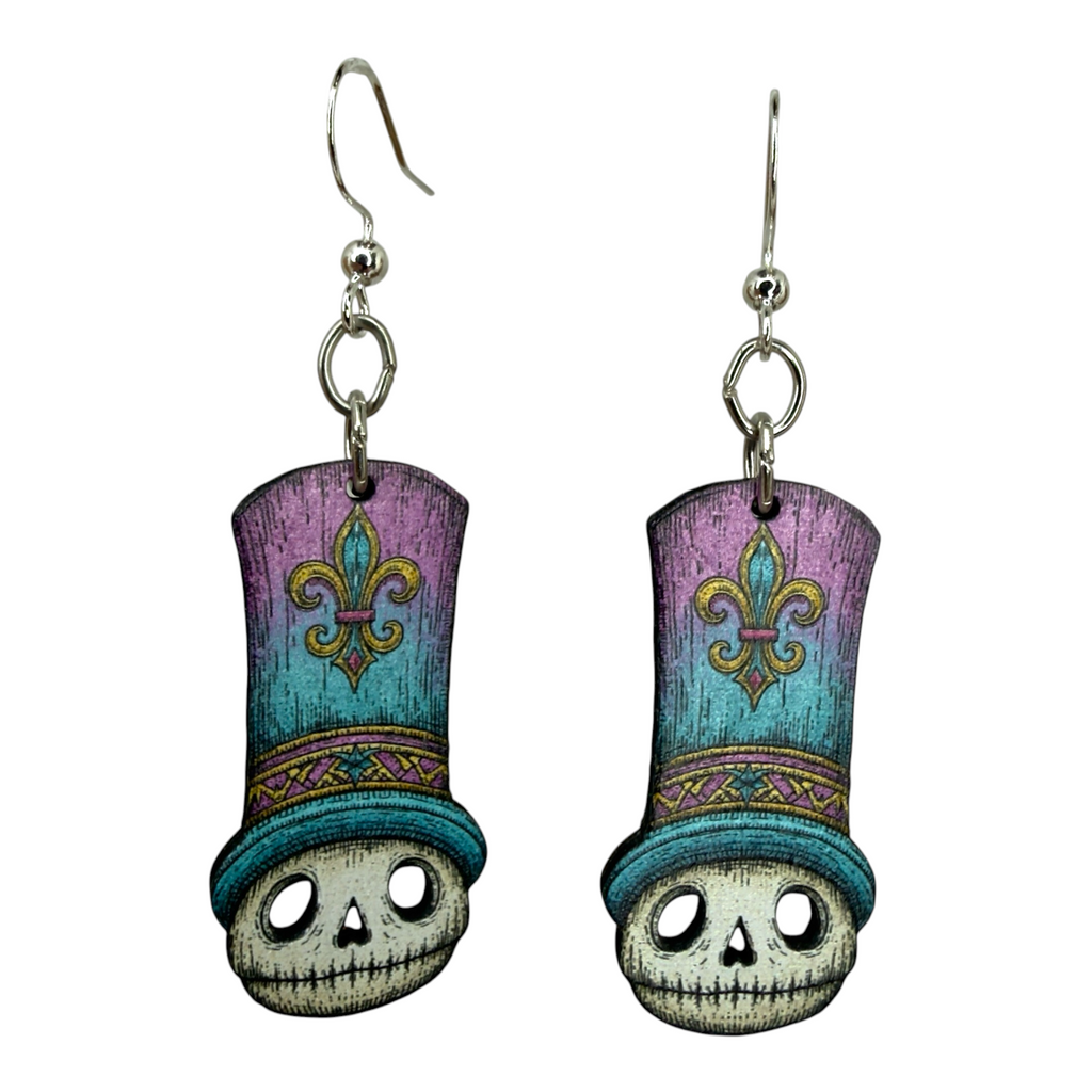 Mardi Mort Skull wood earrings, New Orleans, made in USA