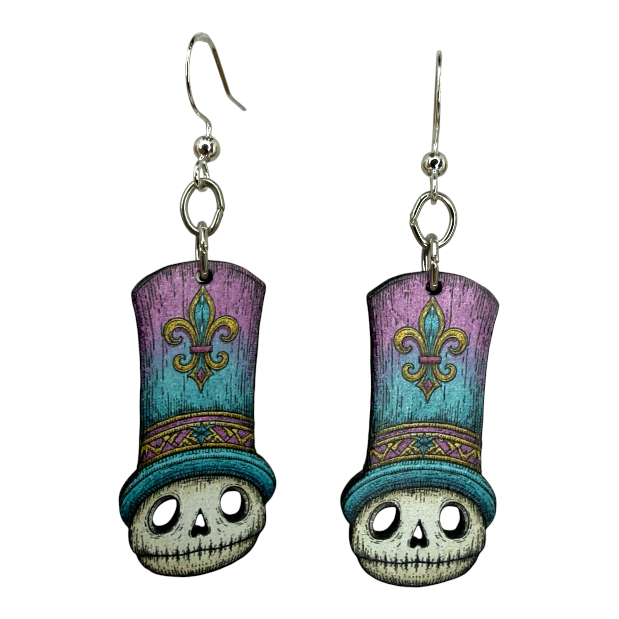 Mardi Mort Skull wood earrings, New Orleans, made in USA