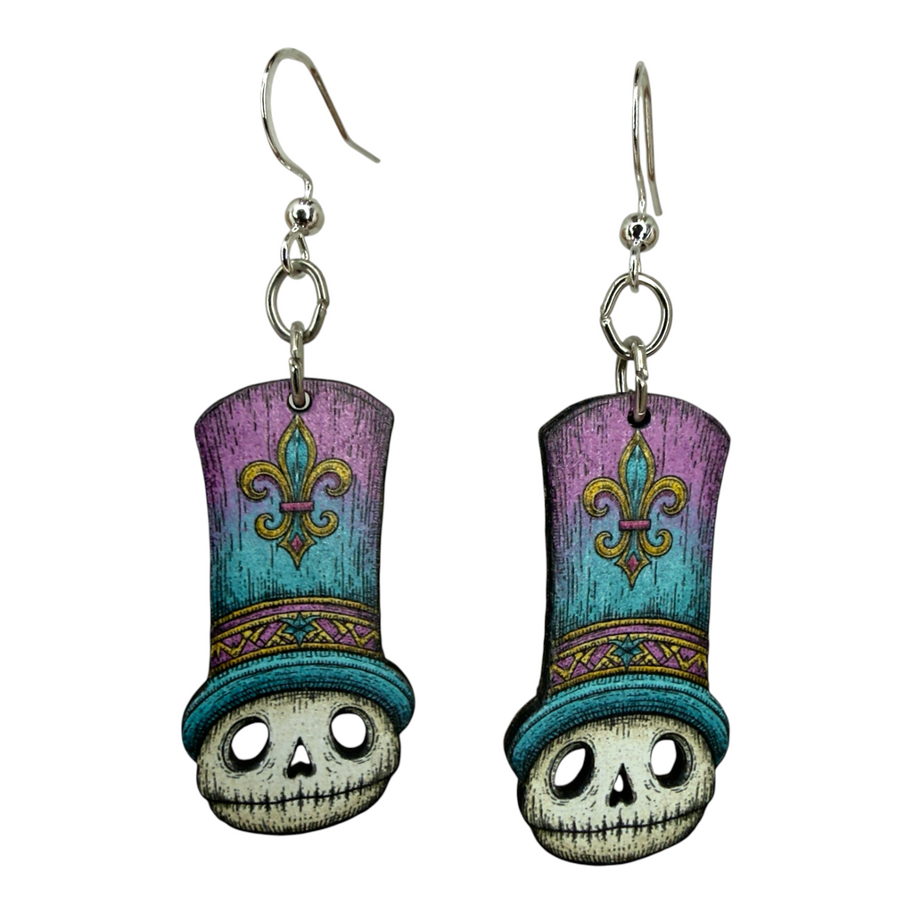 Mardi Mort Skull wood earrings, New Orleans