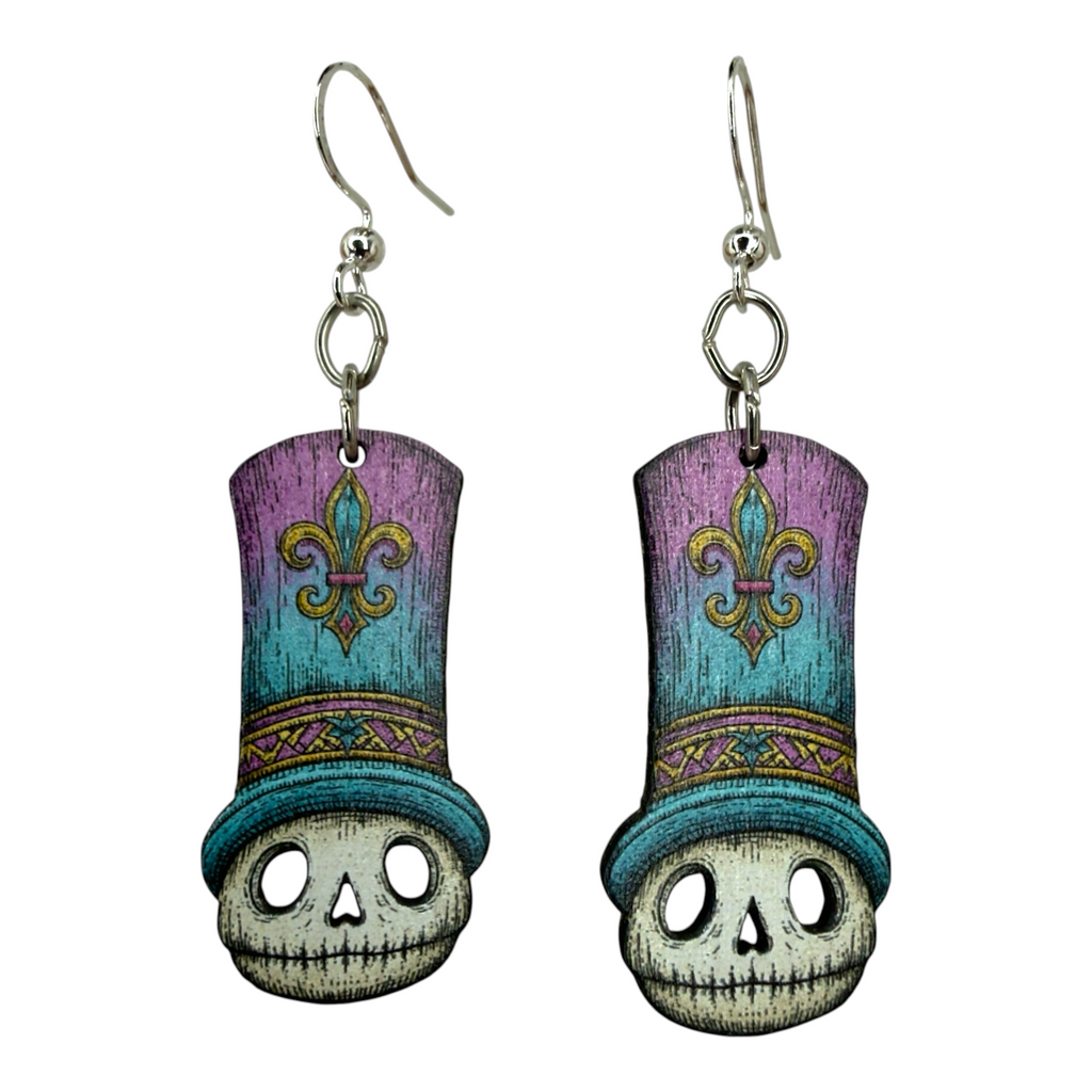 Mardi Mort Skull wood earrings, New Orleans