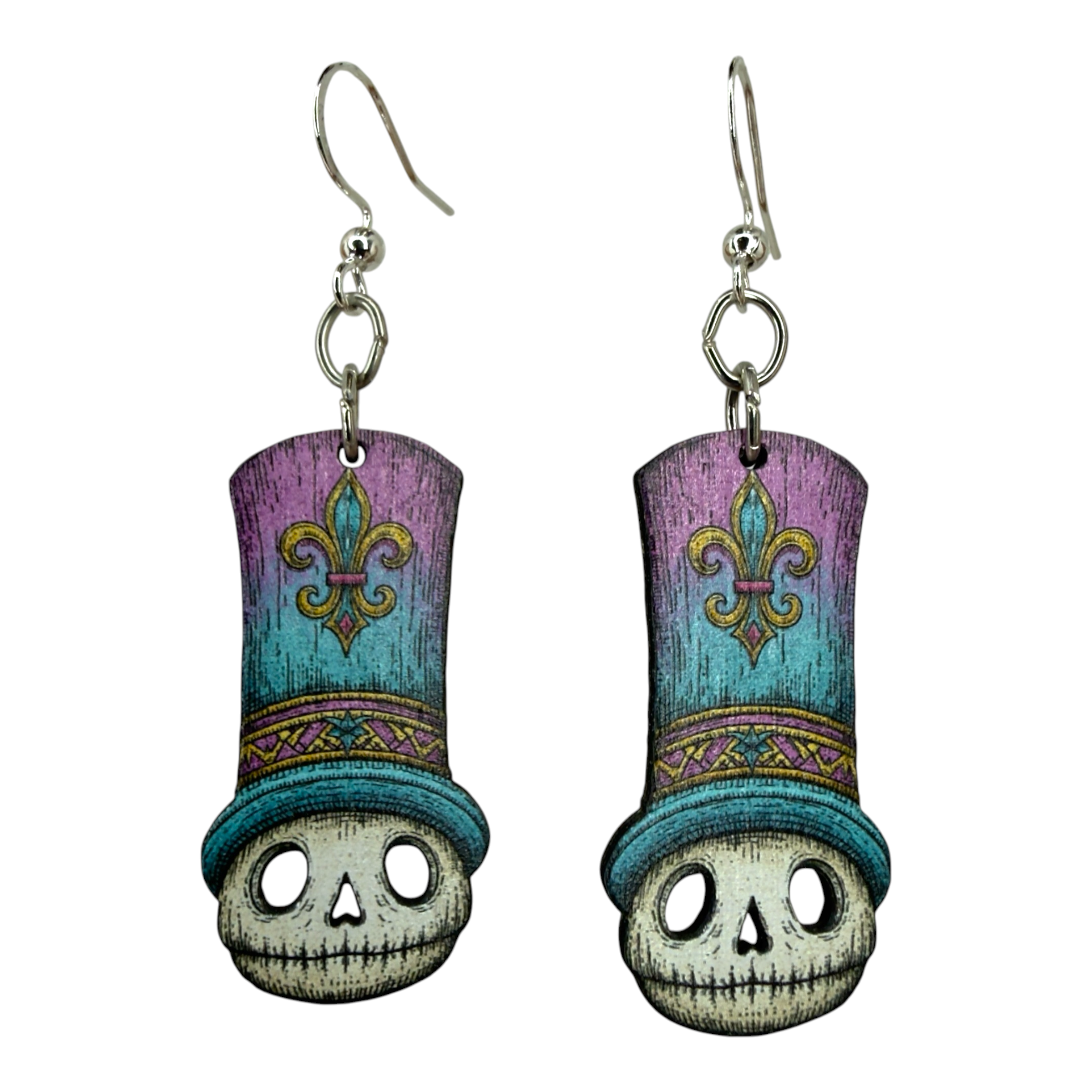 Mardi Mort Skull wood earrings, New Orleans