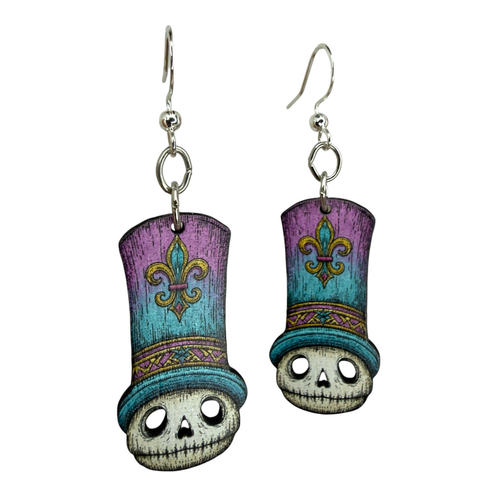 Mardi Mort Skull wood earrings, New Orleans