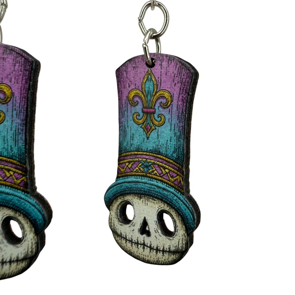Mardi Mort Skull wood earrings, New Orleans