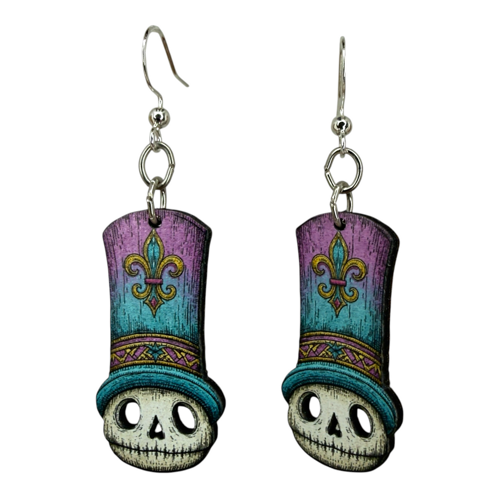 Mardi Mort Skull wood earrings, New Orleans