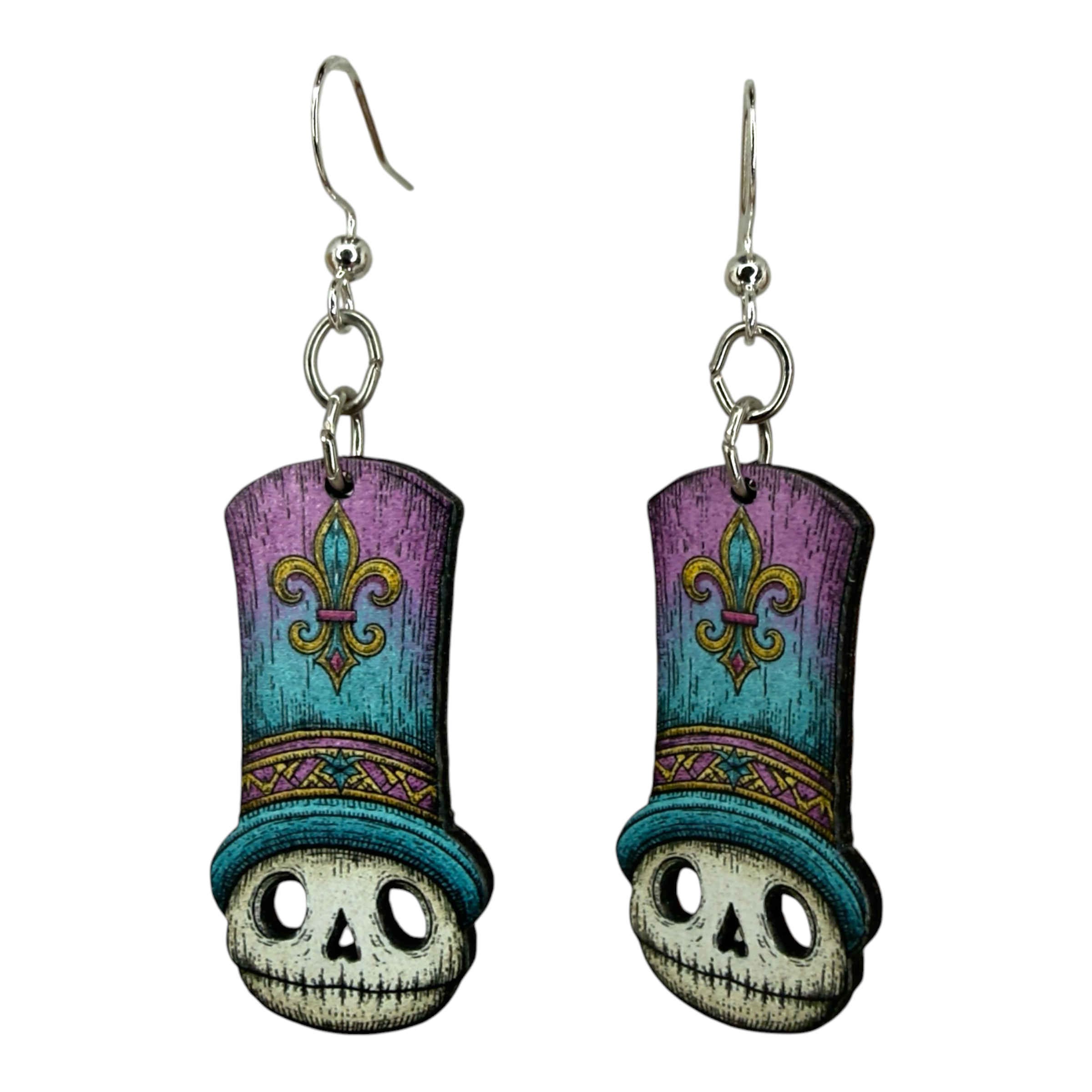 Mardi Mort Skull wood earrings, New Orleans