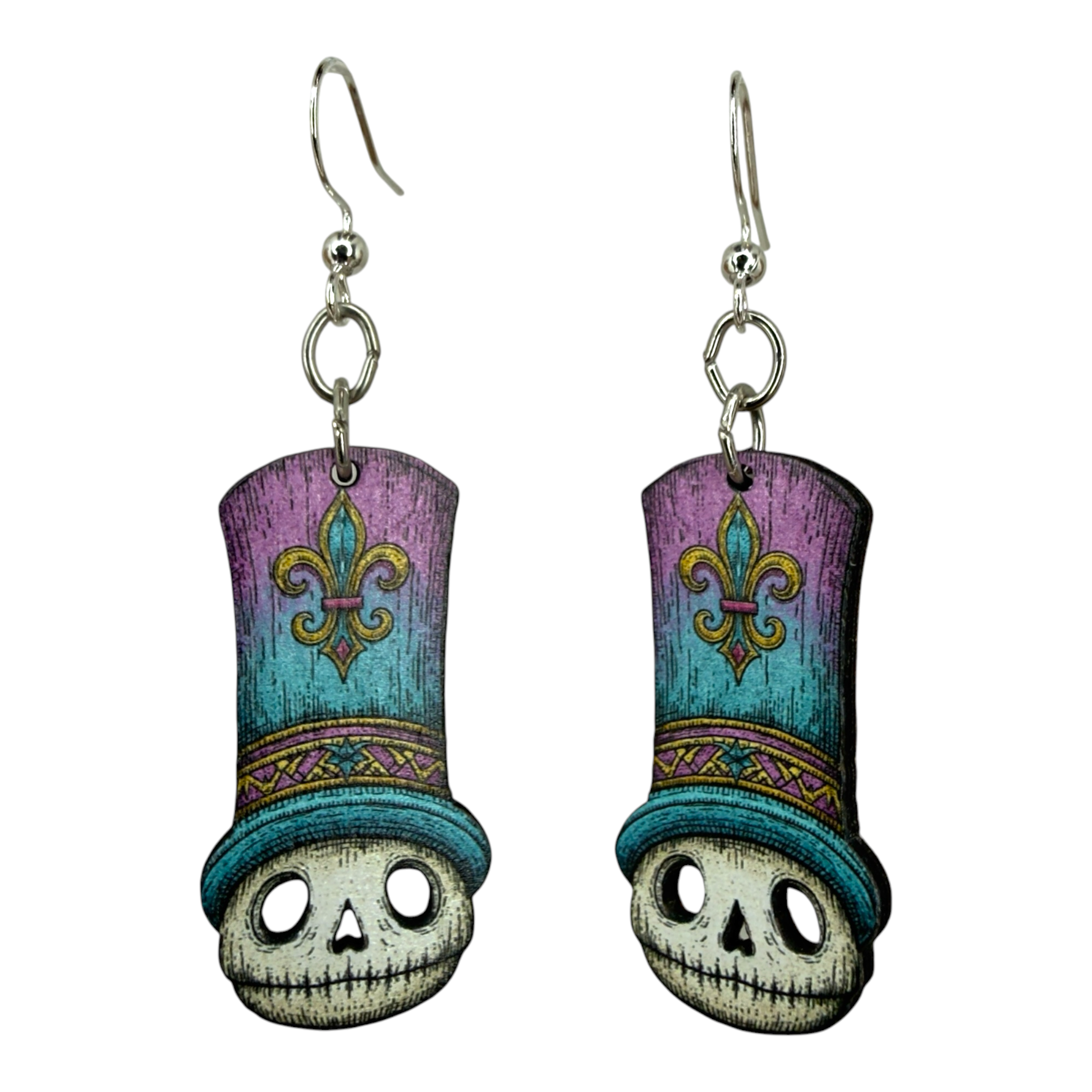 Mardi Mort Skull wood earrings, New Orleans