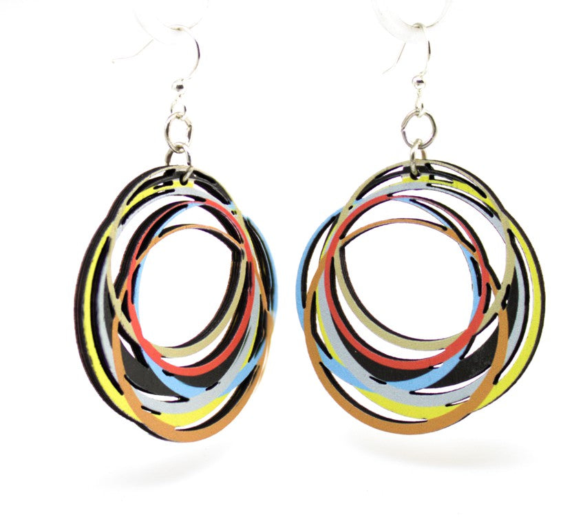 Circle array geometric earrings with repeating circles, laser-cut wood, made in USA
