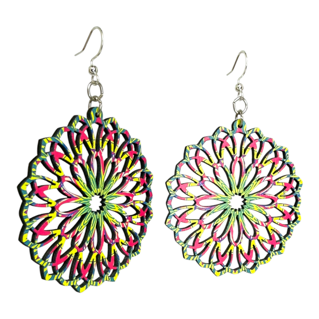 Fiesta Mandala wood earrings, made in USA