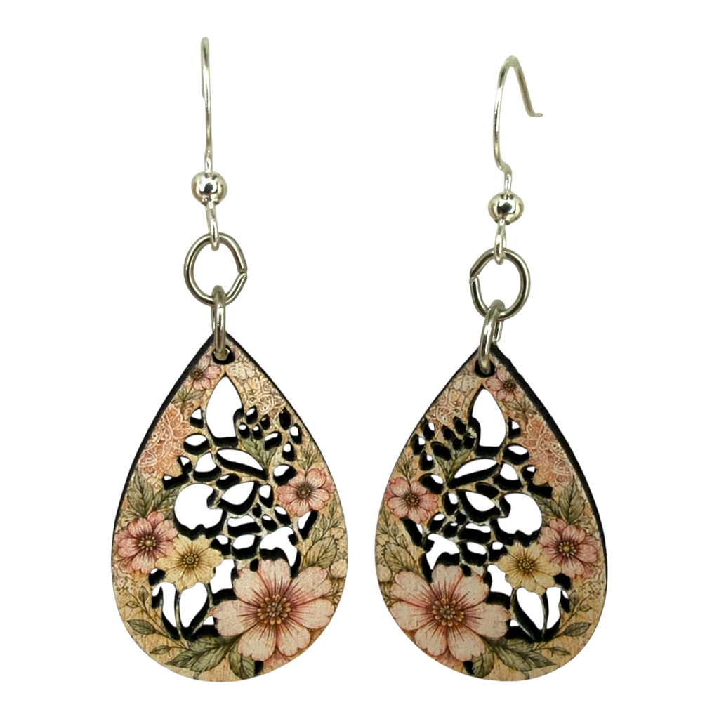 Pinkish Botanical Drop wood earrings