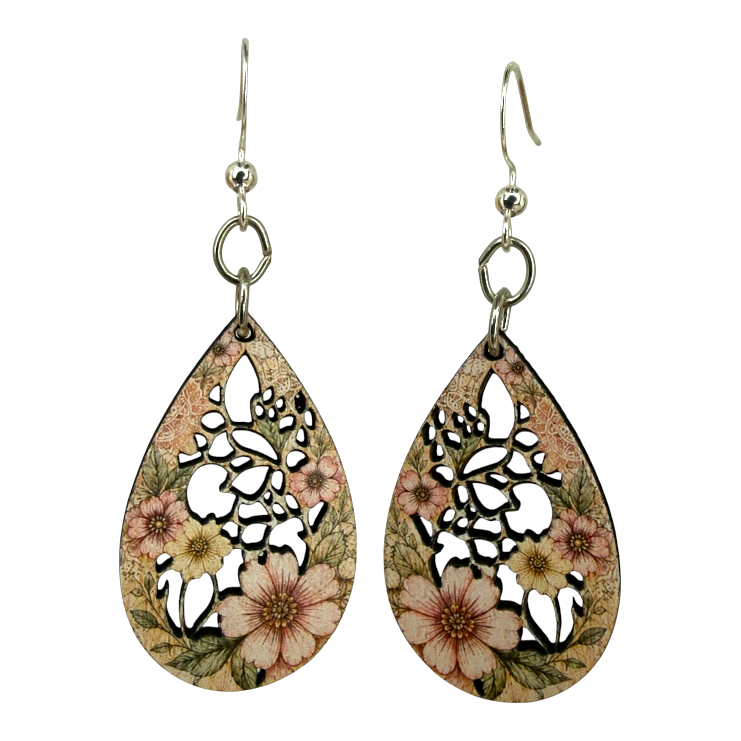 Pinkish Botanical Drop wood earrings