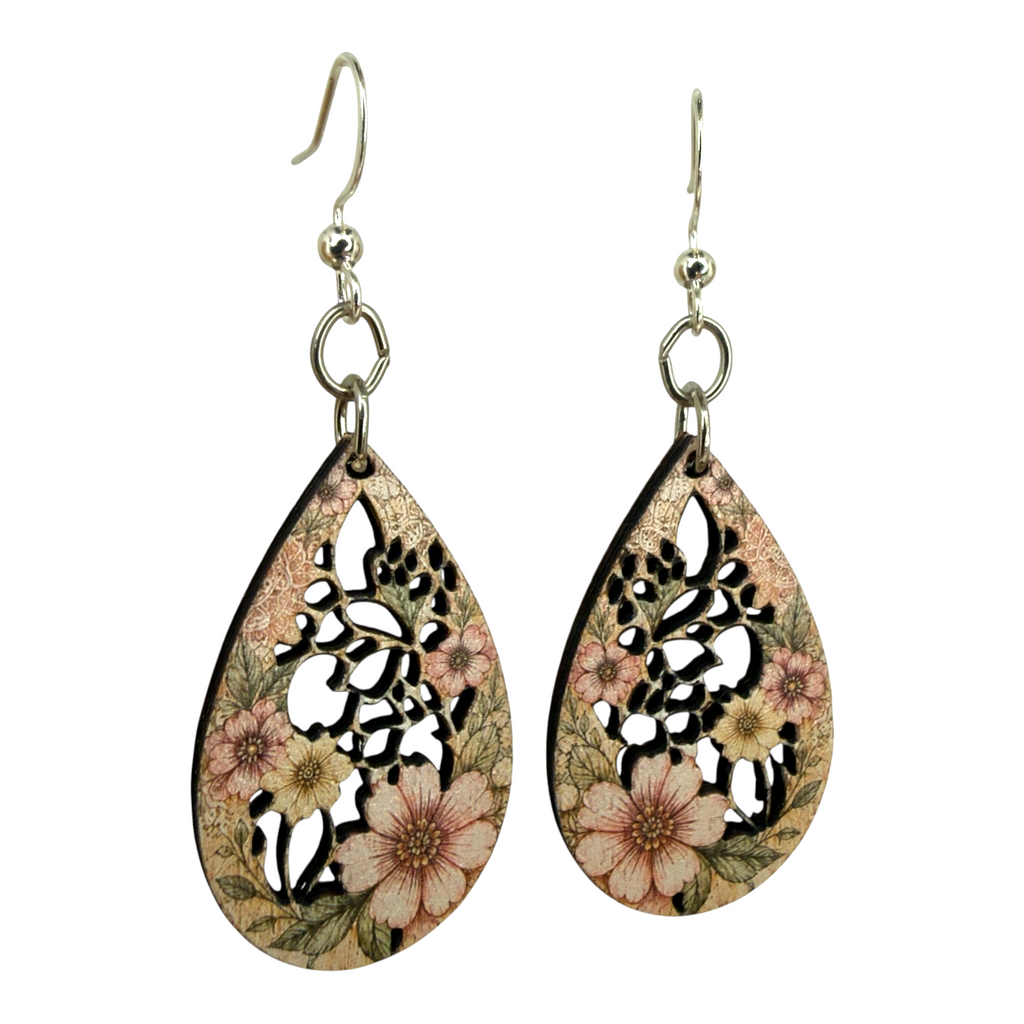 Pinkish Botanical Drop wood earrings