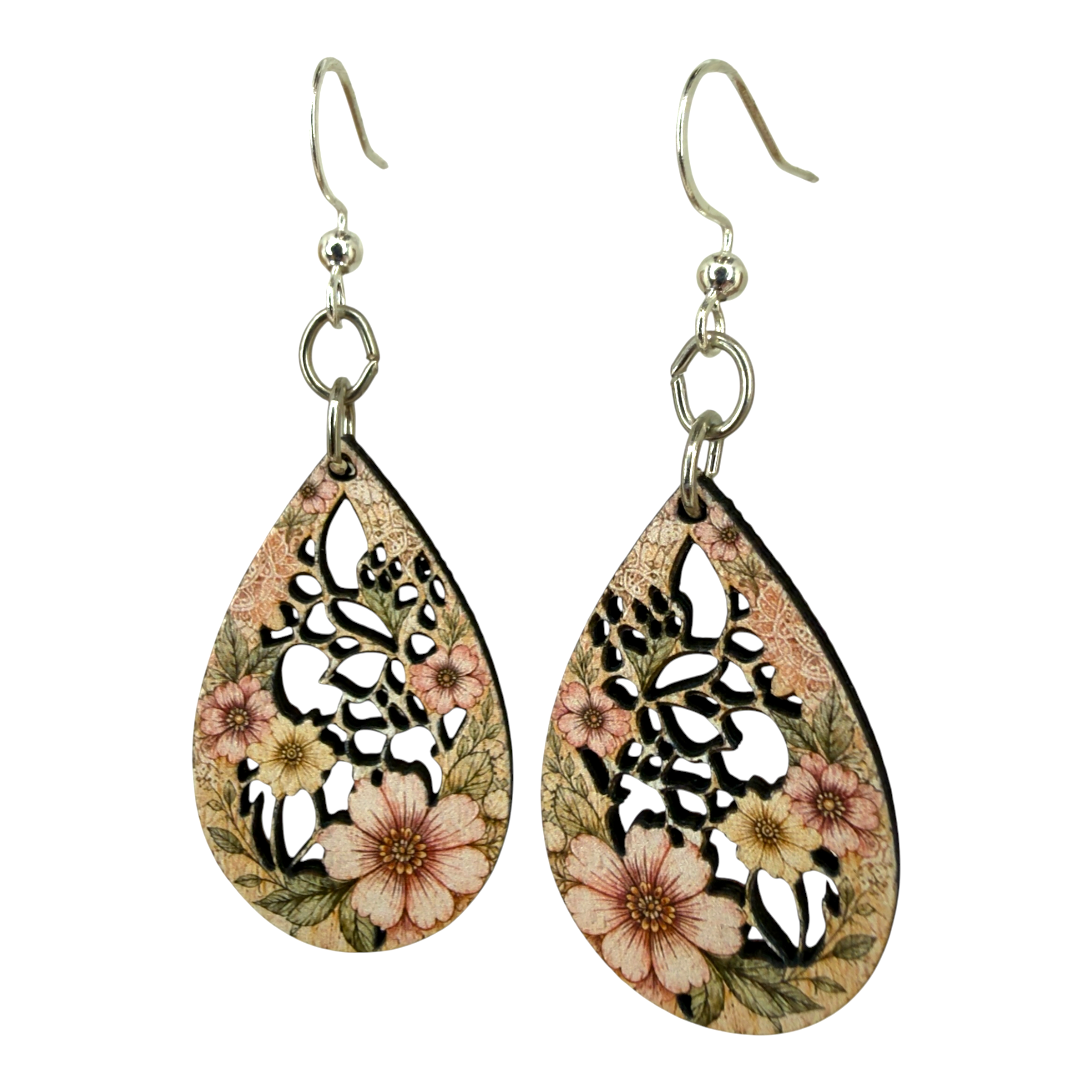 Pinkish Botanical Drop wood earrings