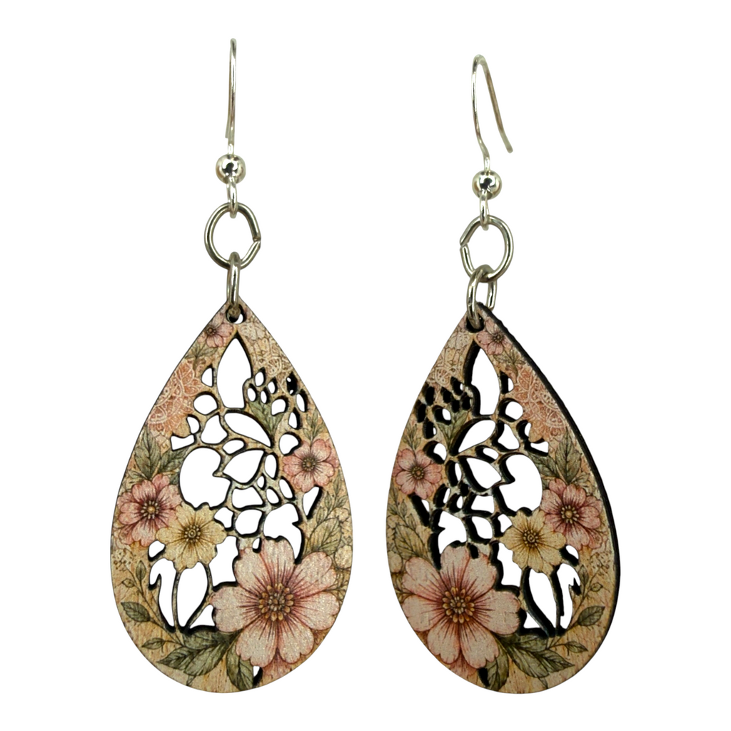 Pinkish Botanical Drop wood earrings