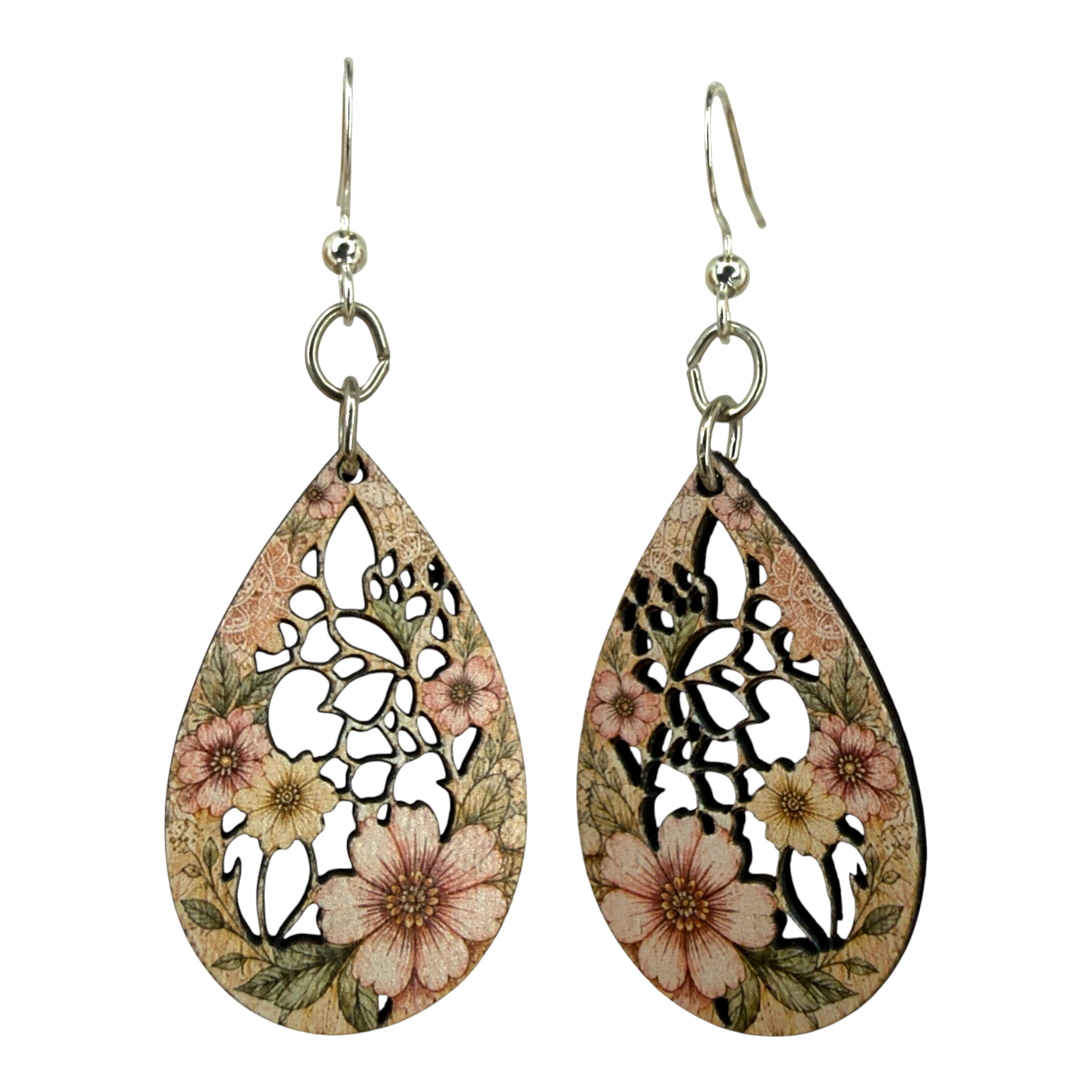 Pinkish Botanical Drop wood earrings