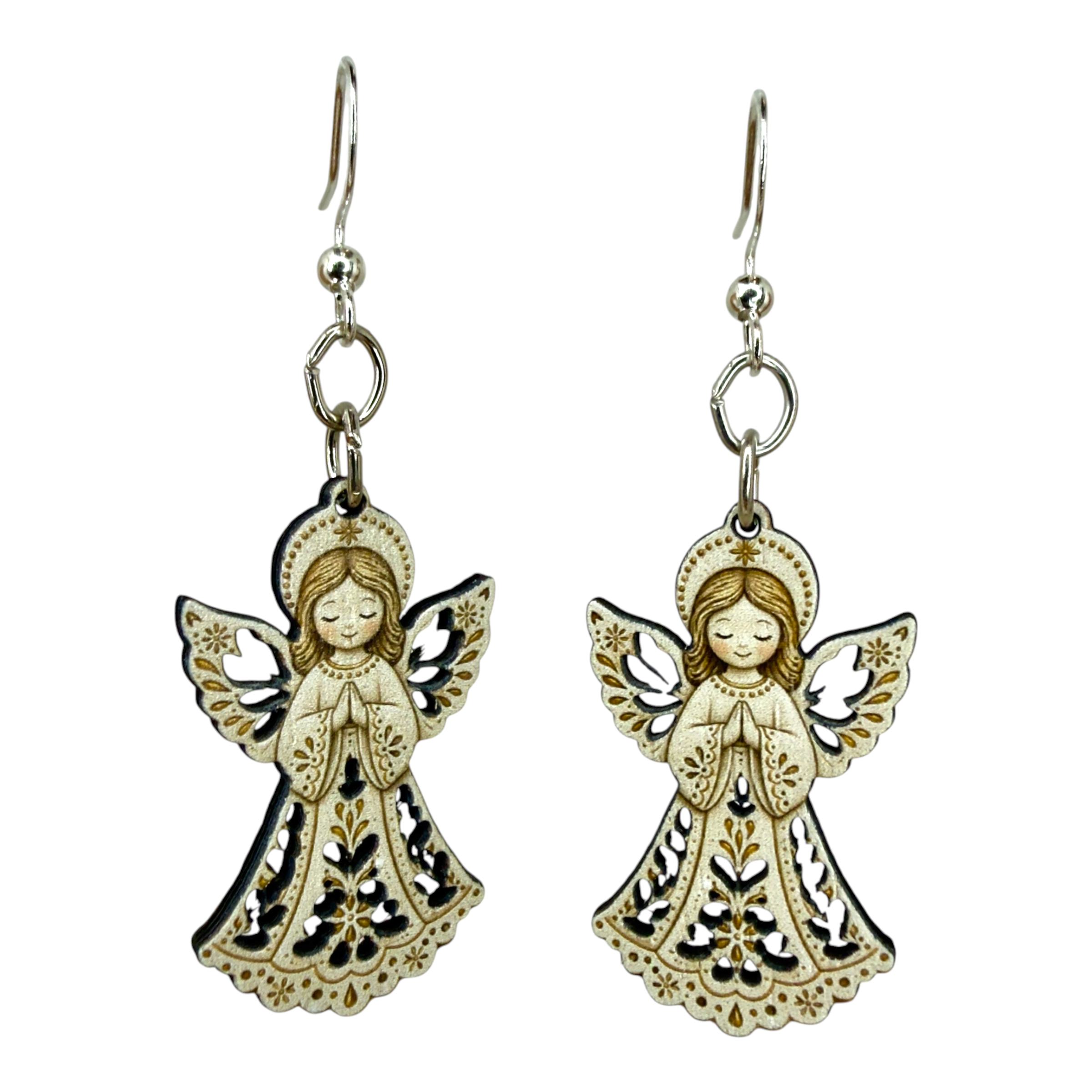 Christmas Angel wood earrings, made in USA
