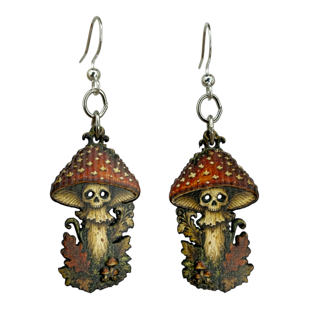 Possessed Mushroom skull wood earrings, made in USA