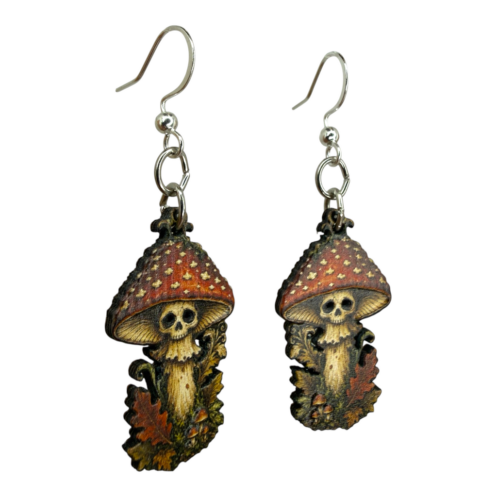 Possessed Mushroom skull wood earrings