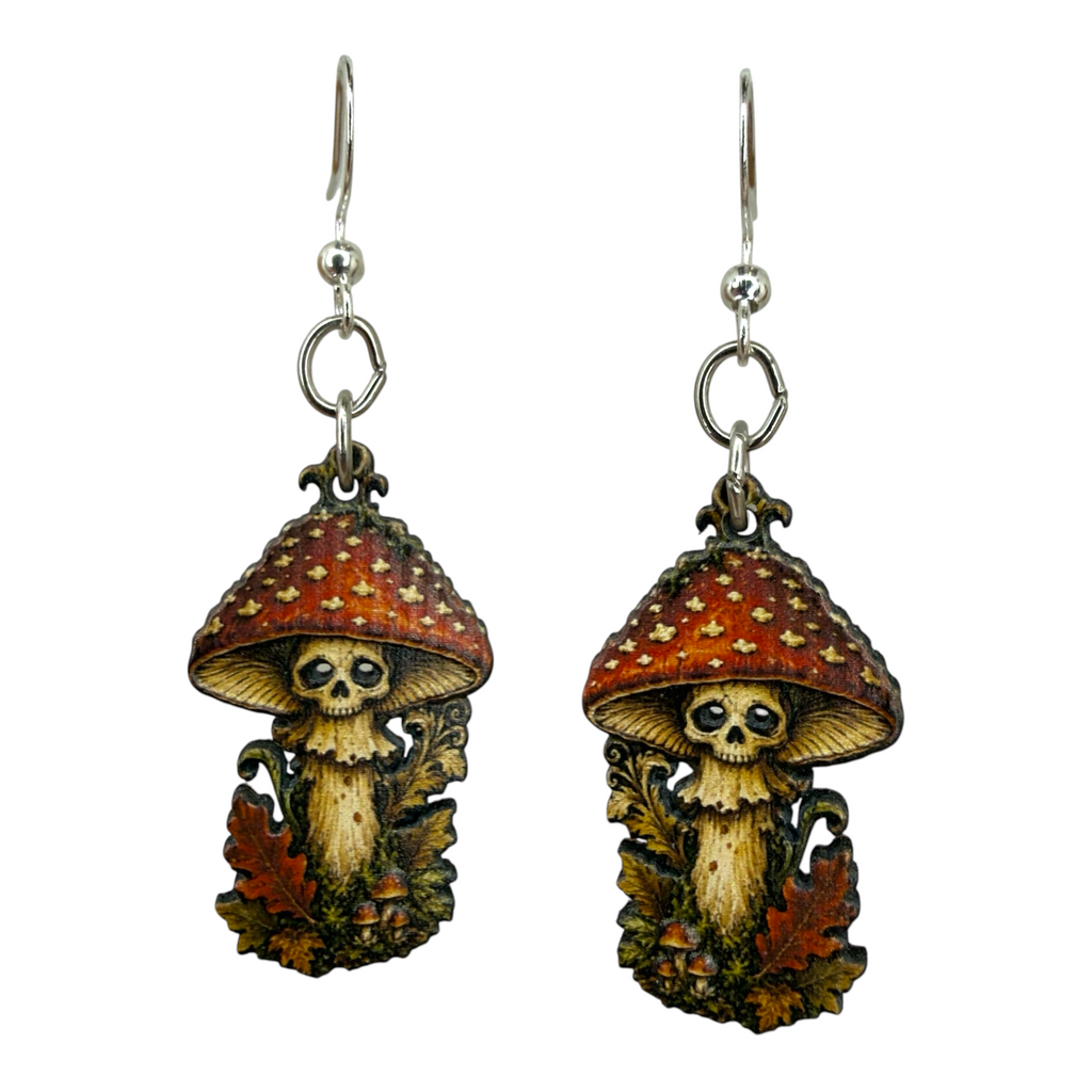 Possessed Mushroom skull wood earrings