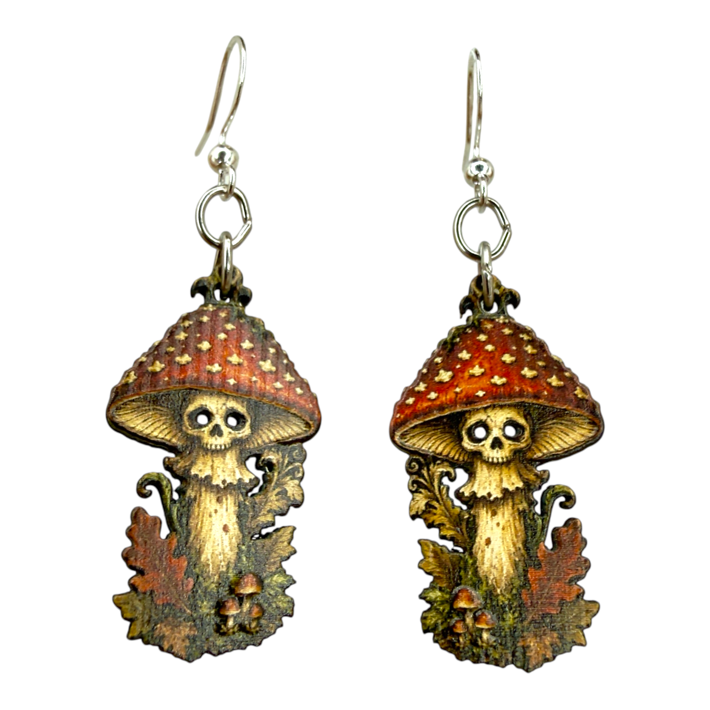 Possessed Mushroom skull wood earrings