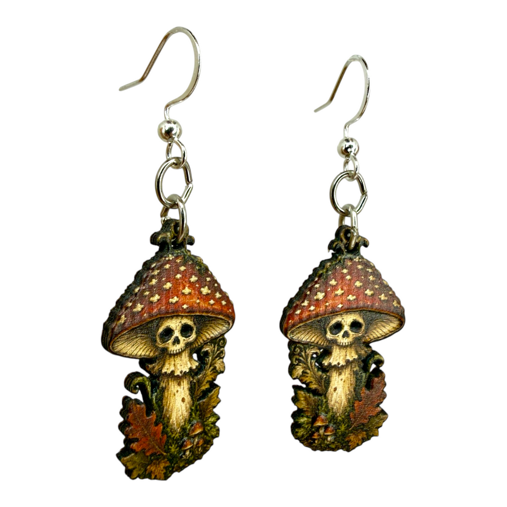 Possessed Mushroom skull wood earrings