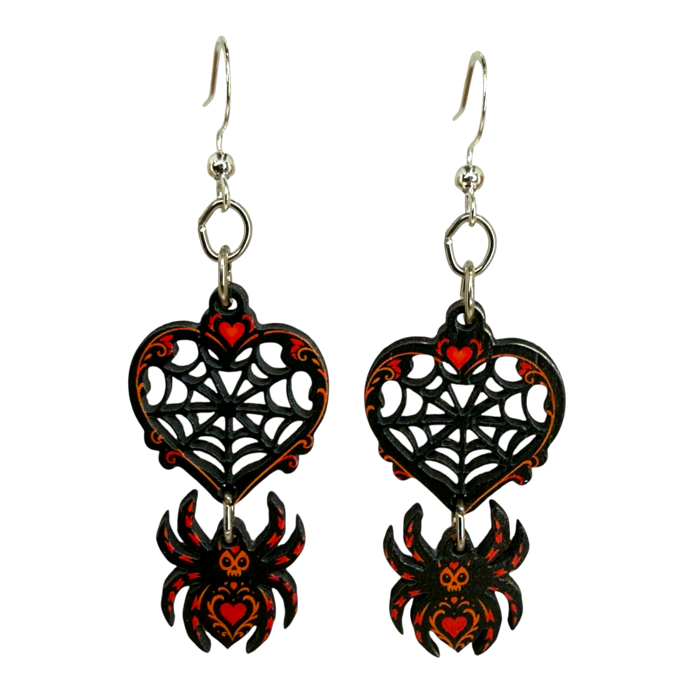 Spider Web Heart wood earrings