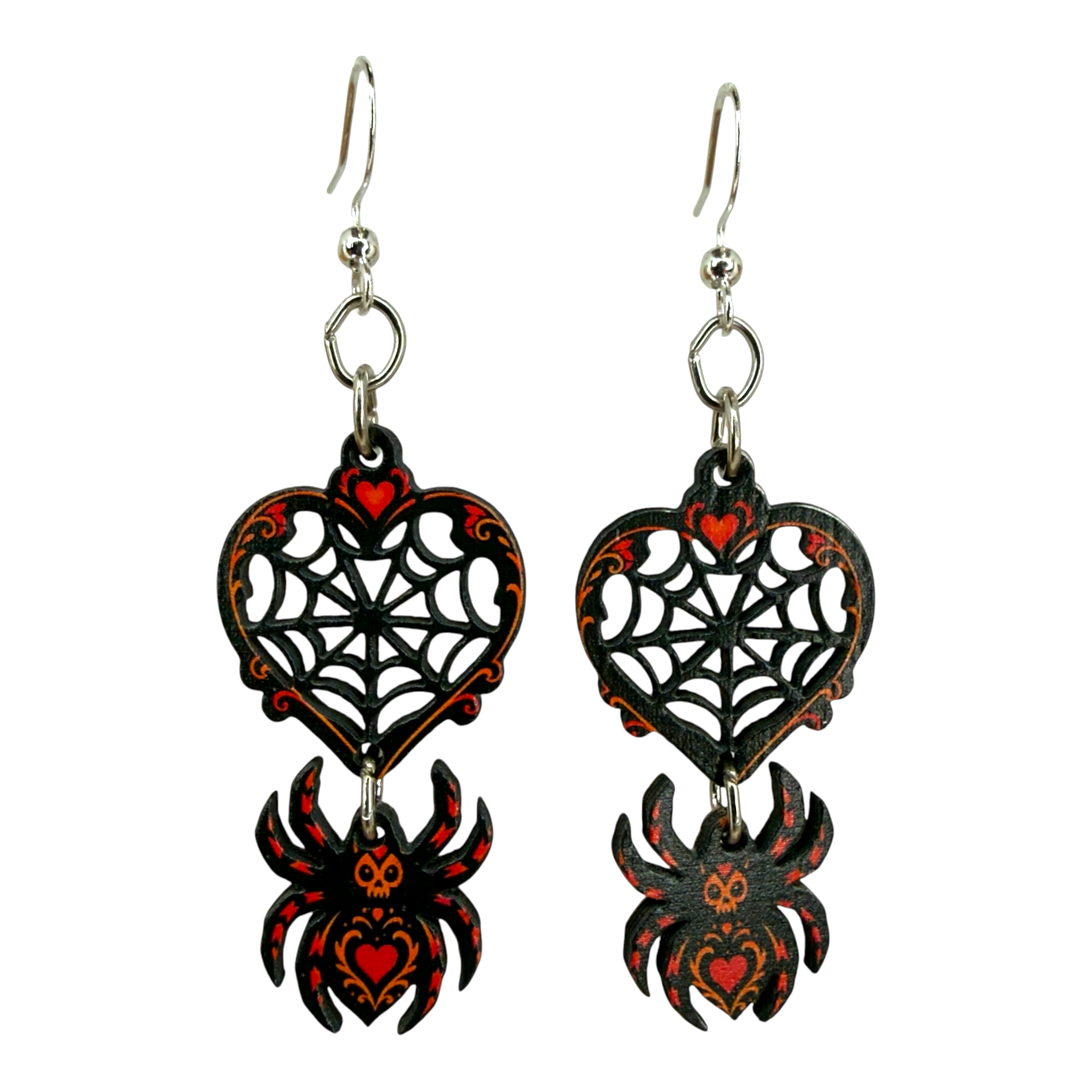 Spider Web Heart wood earrings