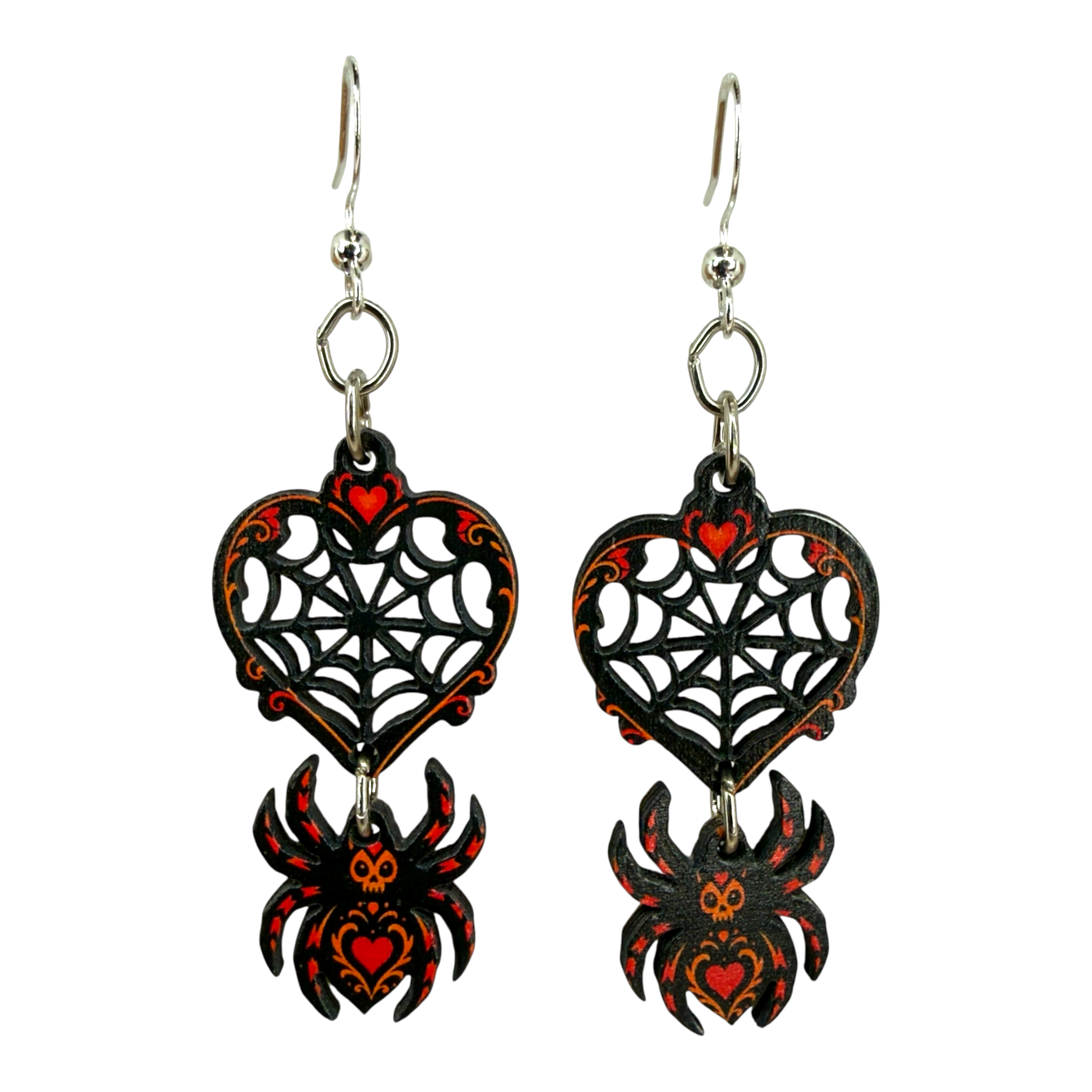 Spider Web Heart wood earrings