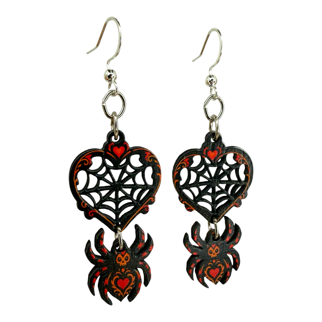 Spider Web Heart wood earrings