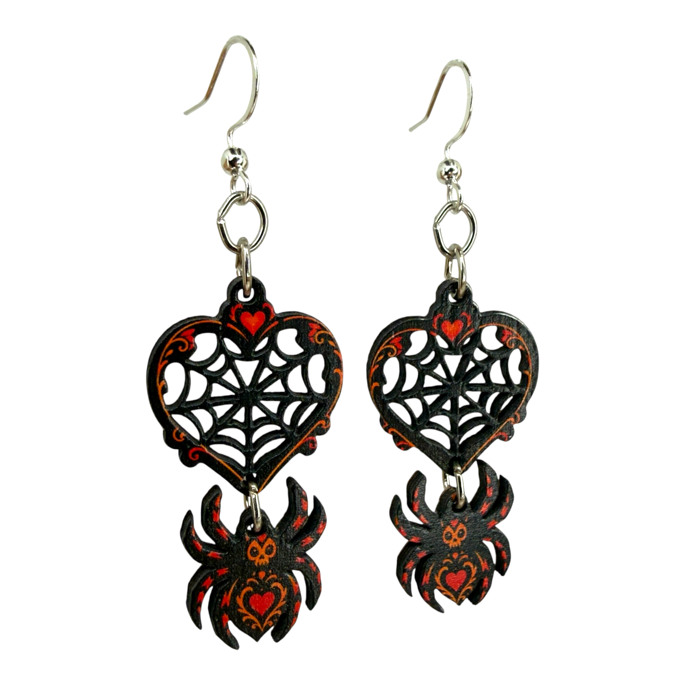 Spider Web Heart wood earrings