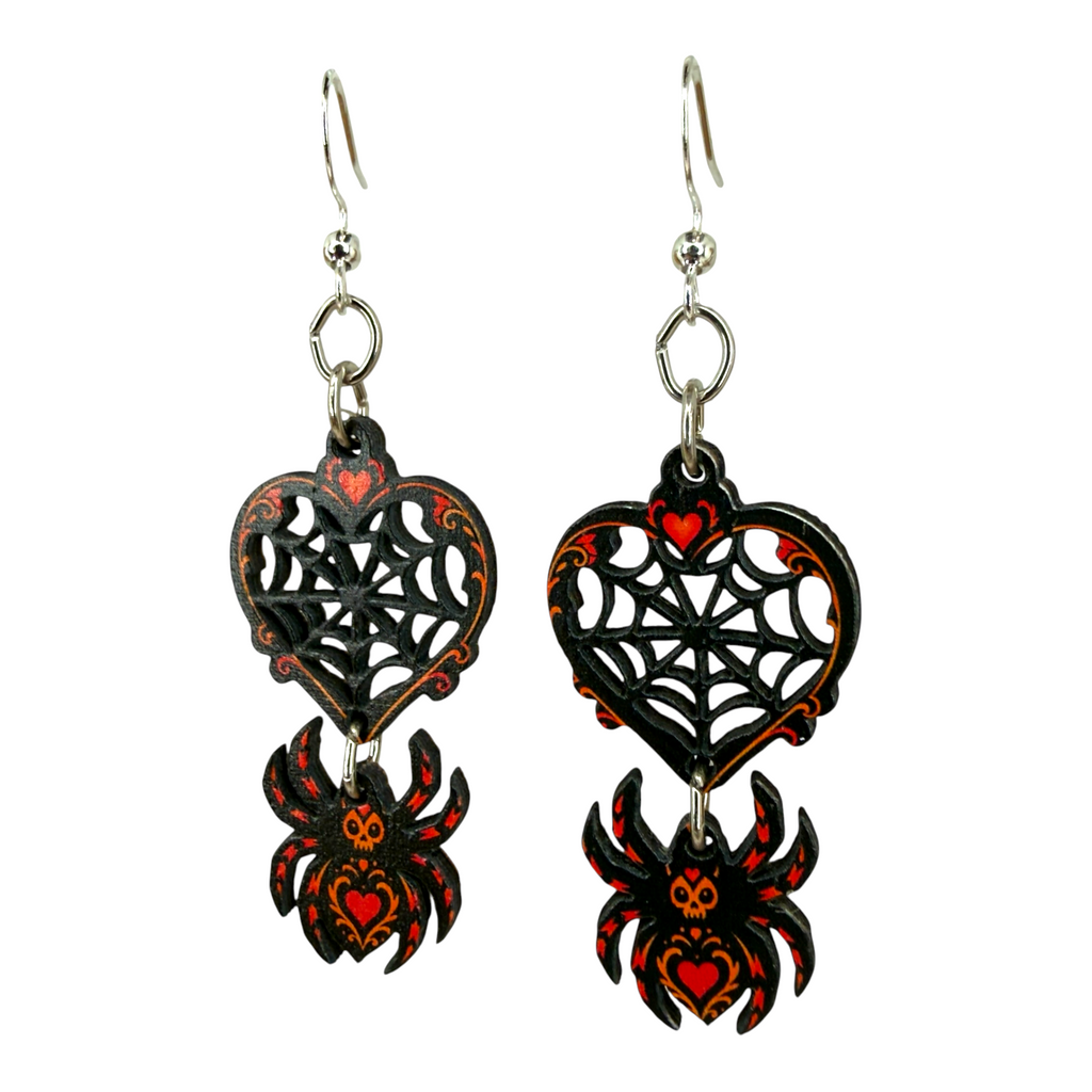 Spider Web Heart wood earrings
