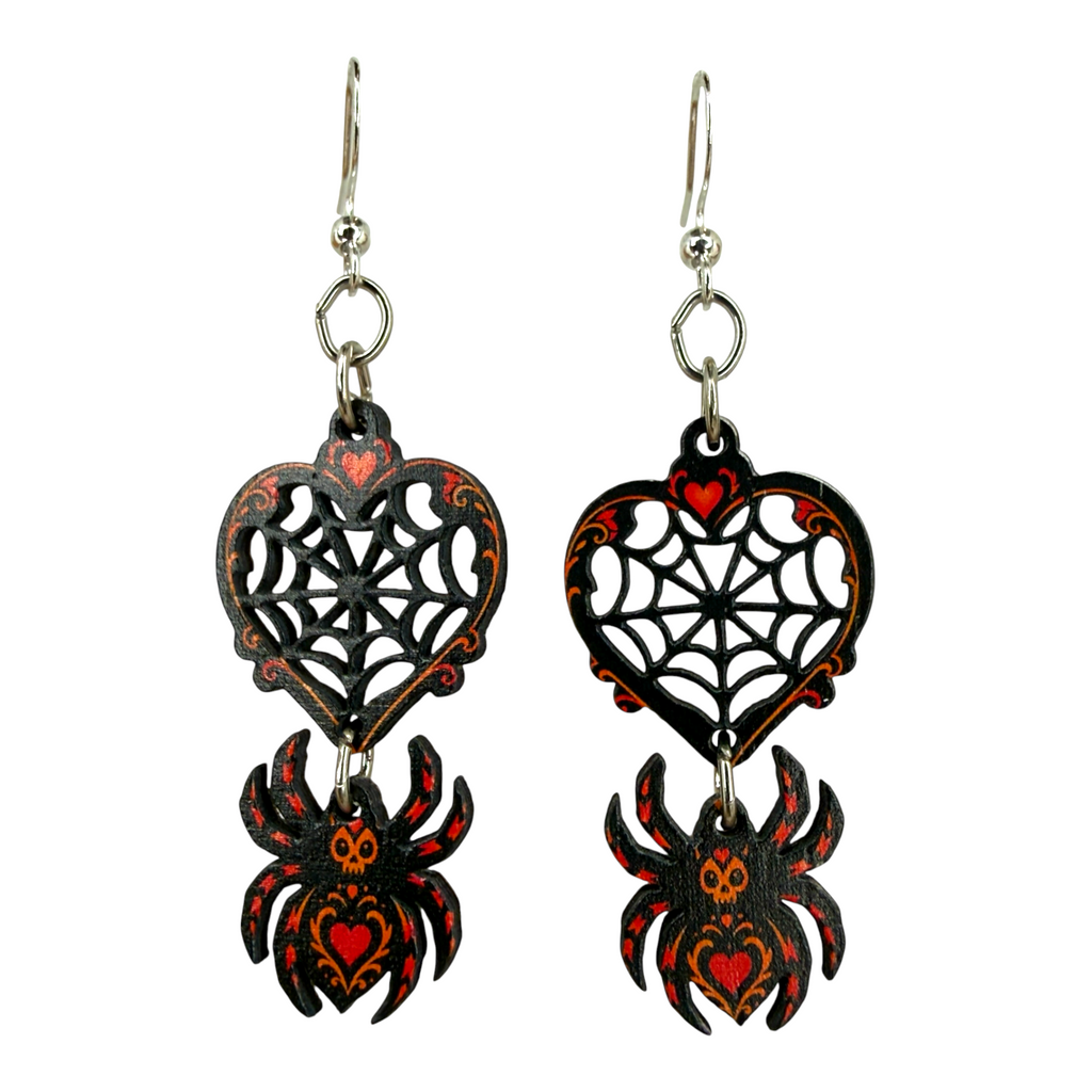Spider Web Heart wood earrings