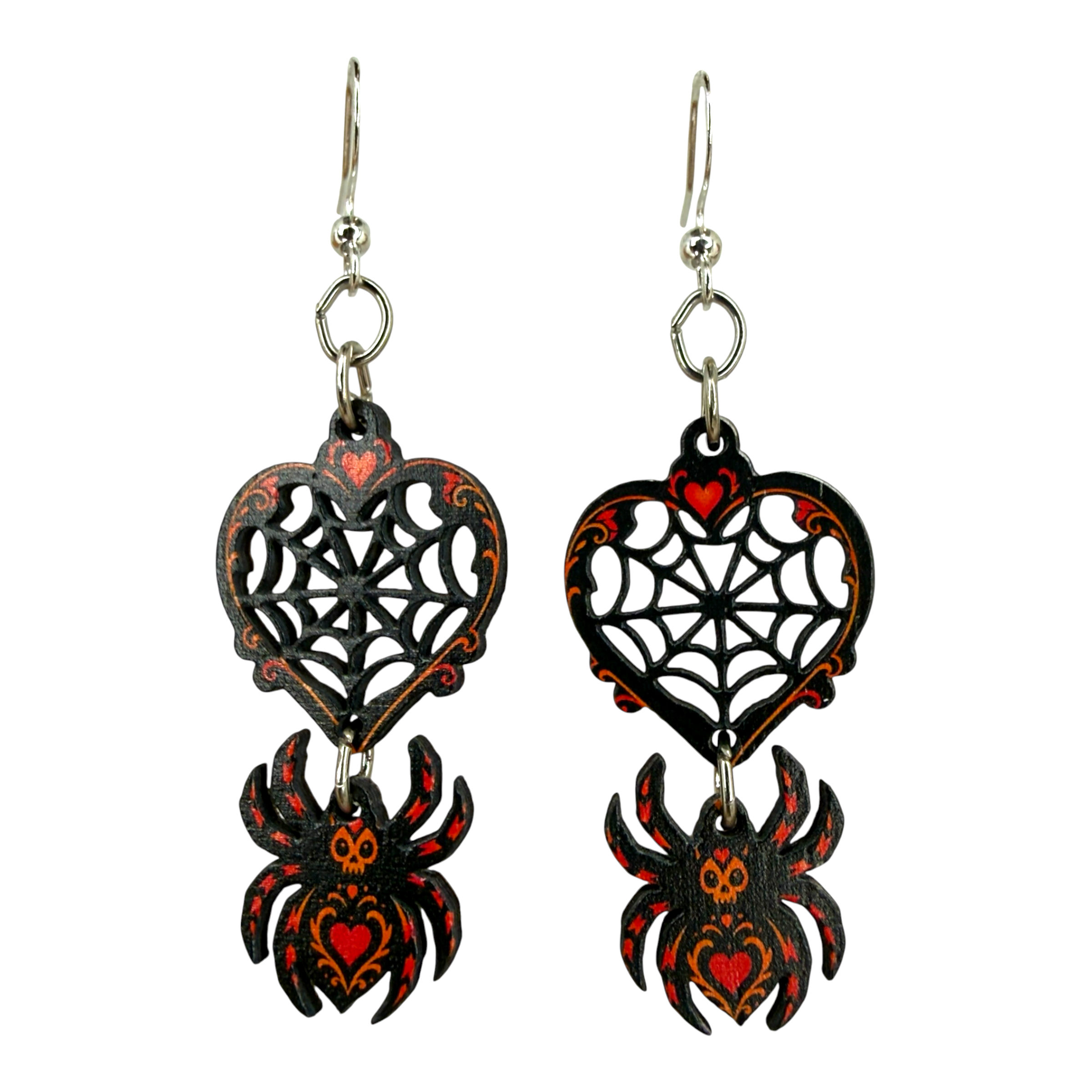 Spider Web Heart wood earrings