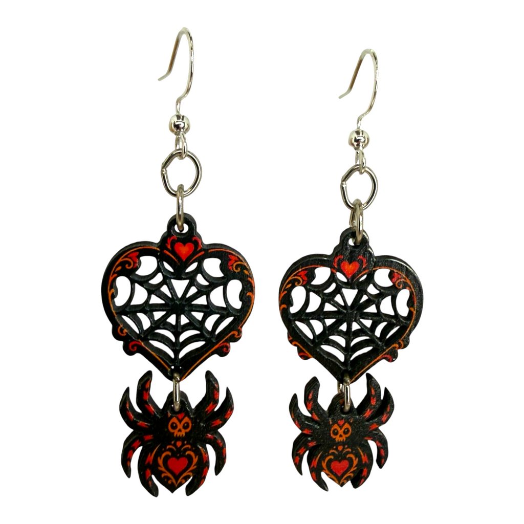 Spider Web Heart wood earrings