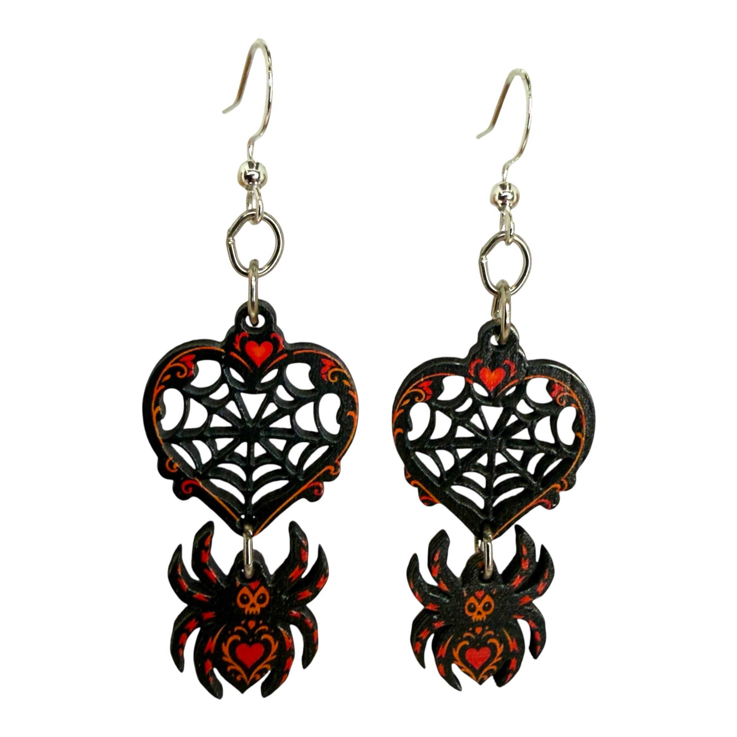 Spider Web Heart wood earrings