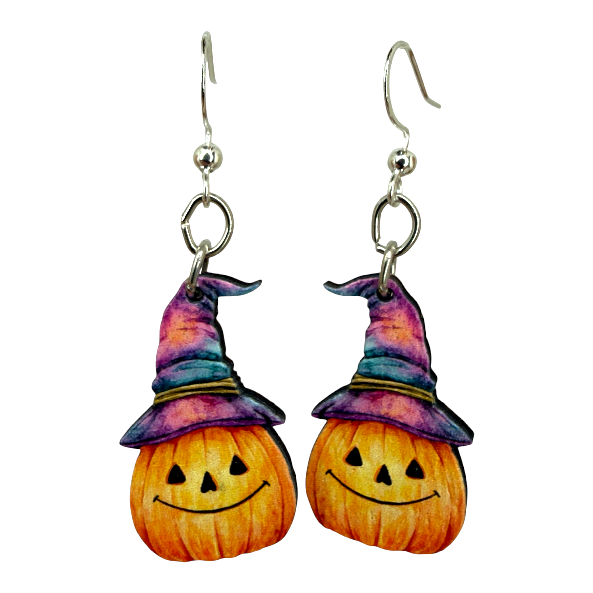 Watercolor Pumpkin witch hat wood earrings, made in USA