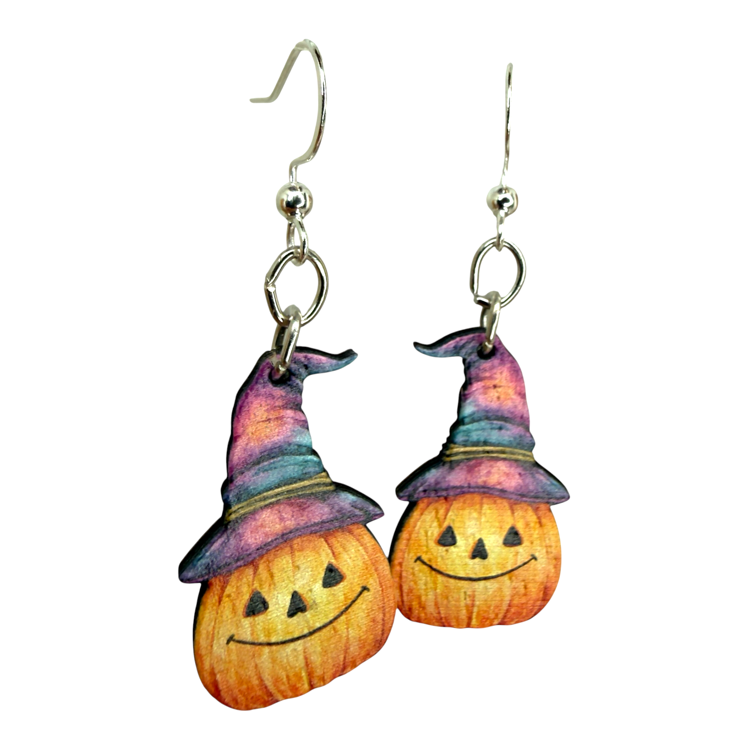 Watercolor Pumpkin witch hat wood earrings