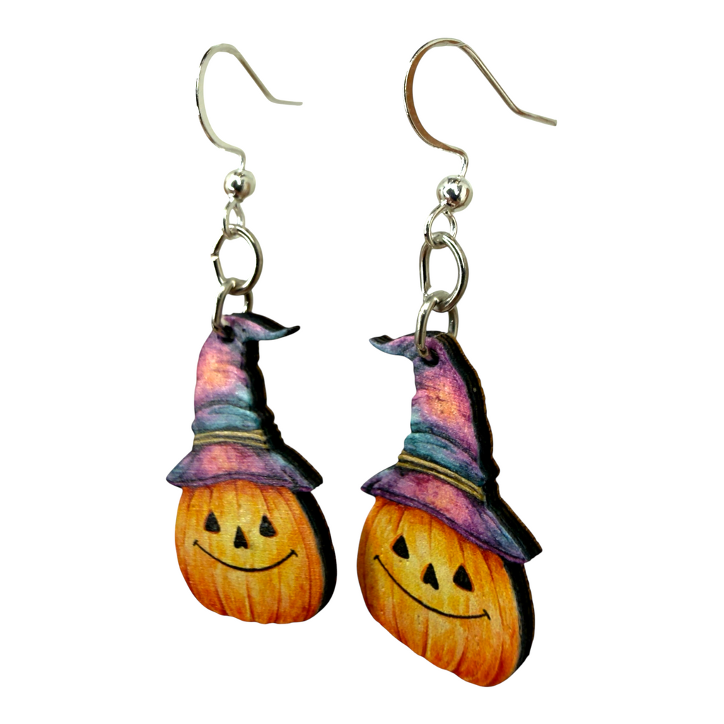 Watercolor Pumpkin witch hat wood earrings