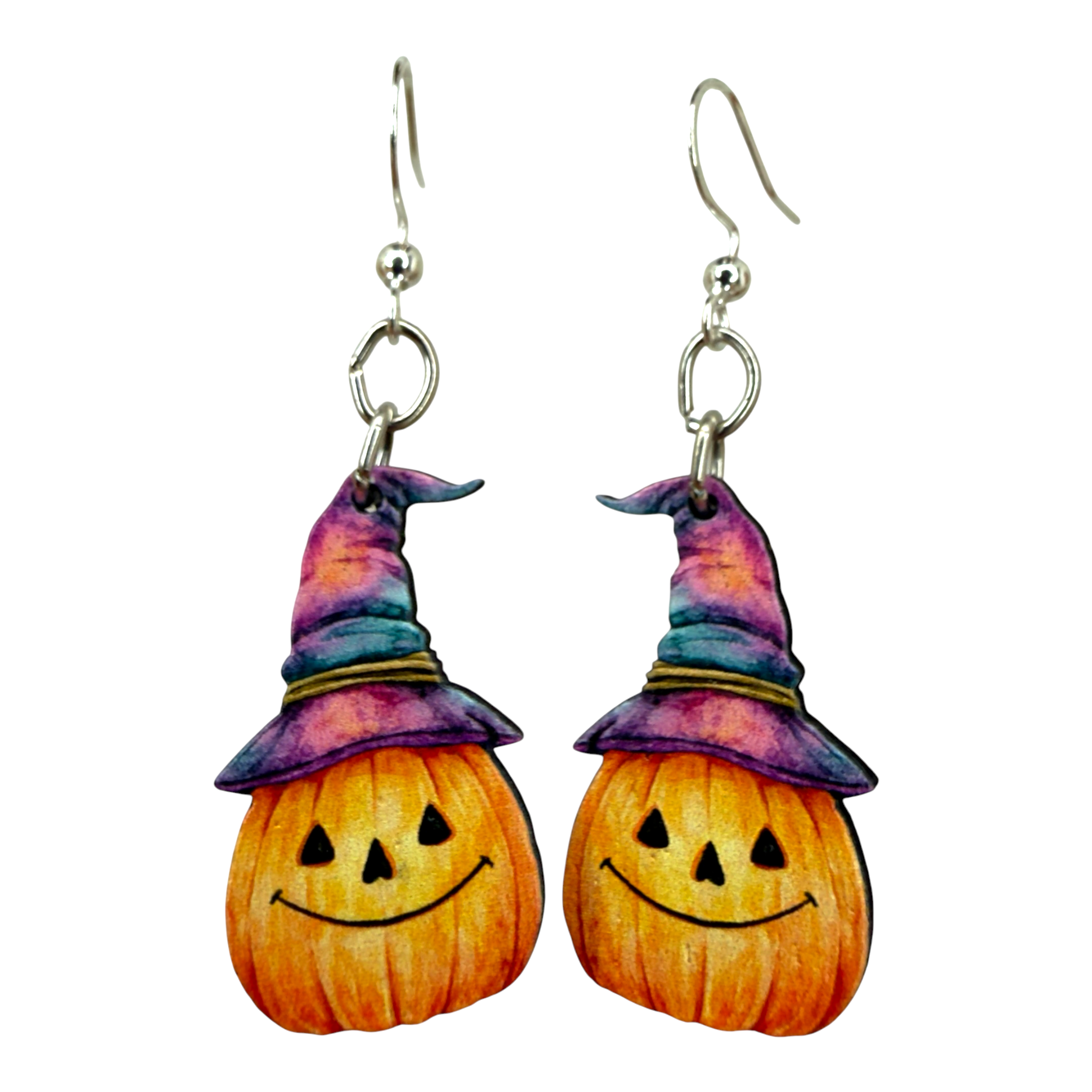 Watercolor Pumpkin witch hat wood earrings
