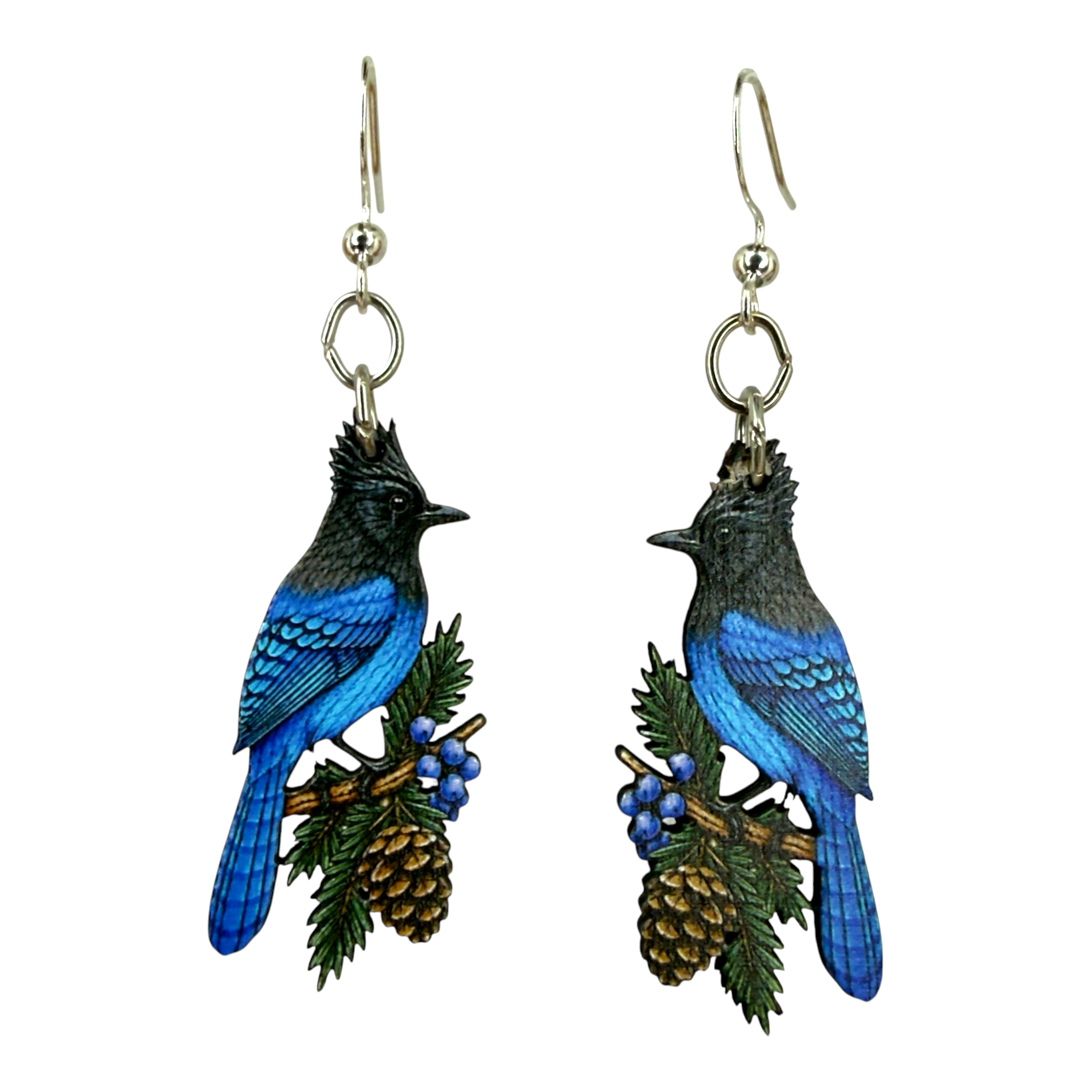 Blue Mocking Jay wood earrings