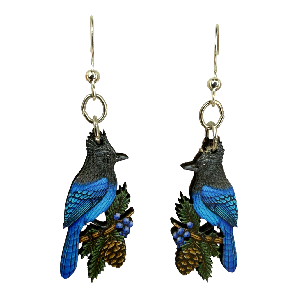 Blue Mocking Jay wood earrings