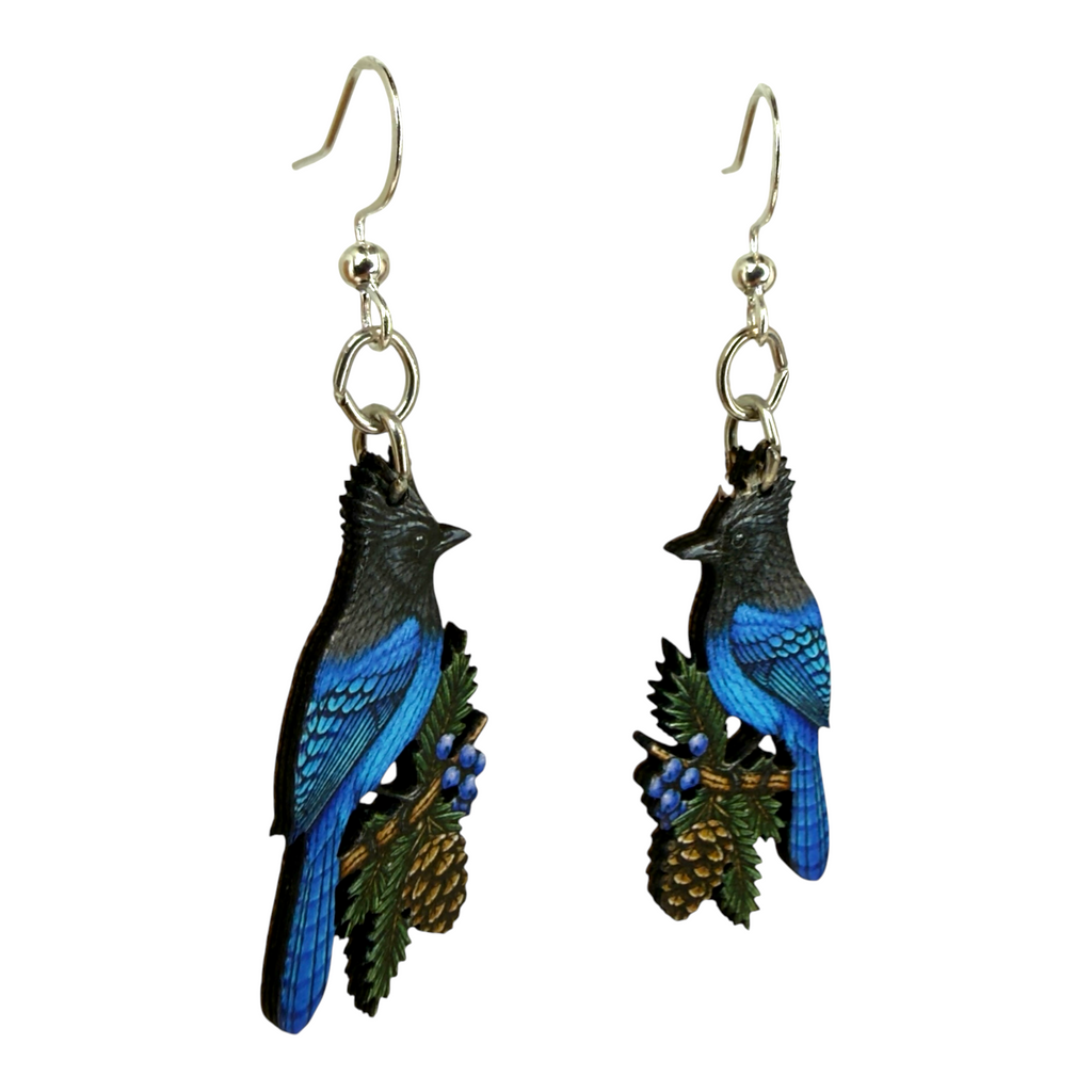 Blue Mocking Jay wood earrings