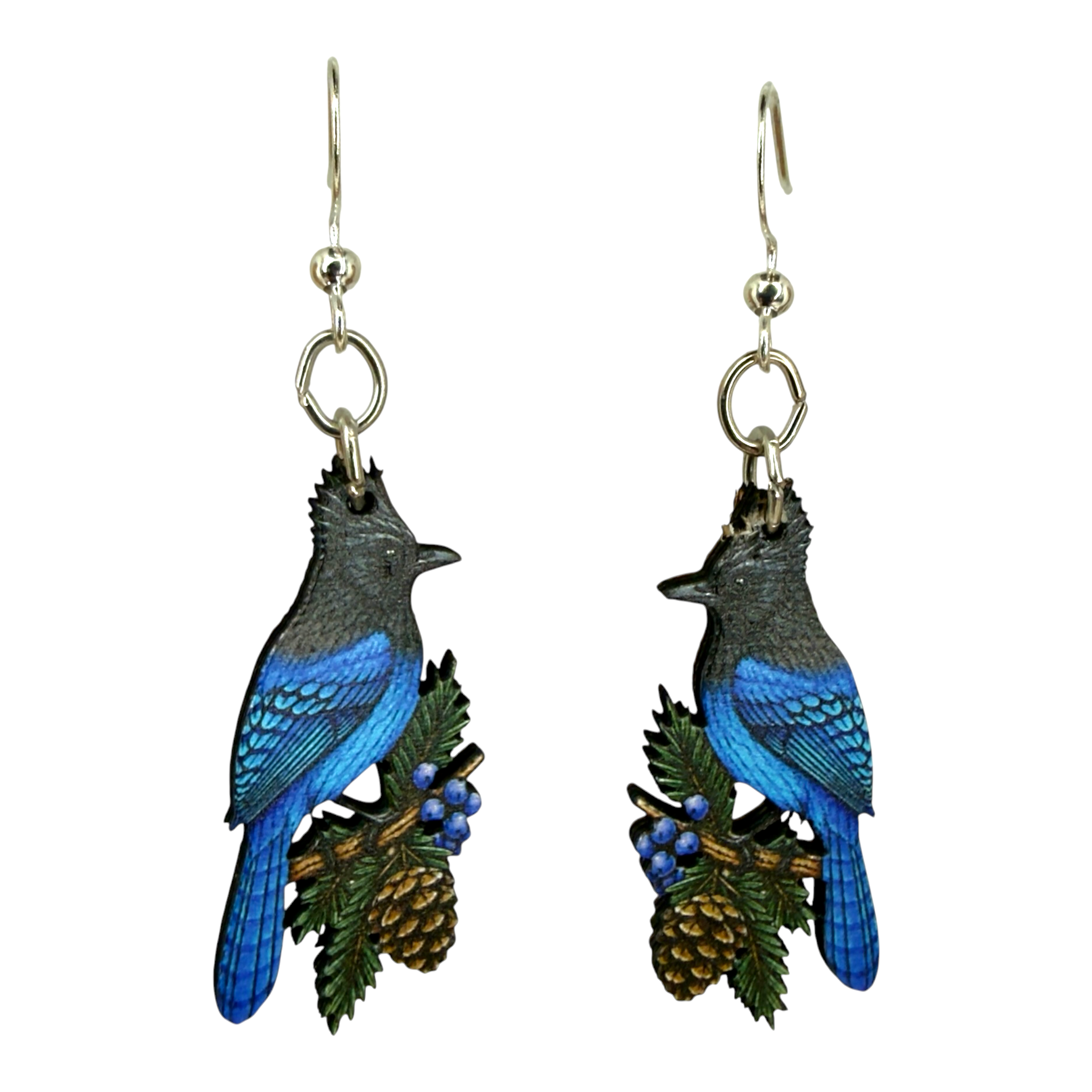 Blue Mocking Jay wood earrings