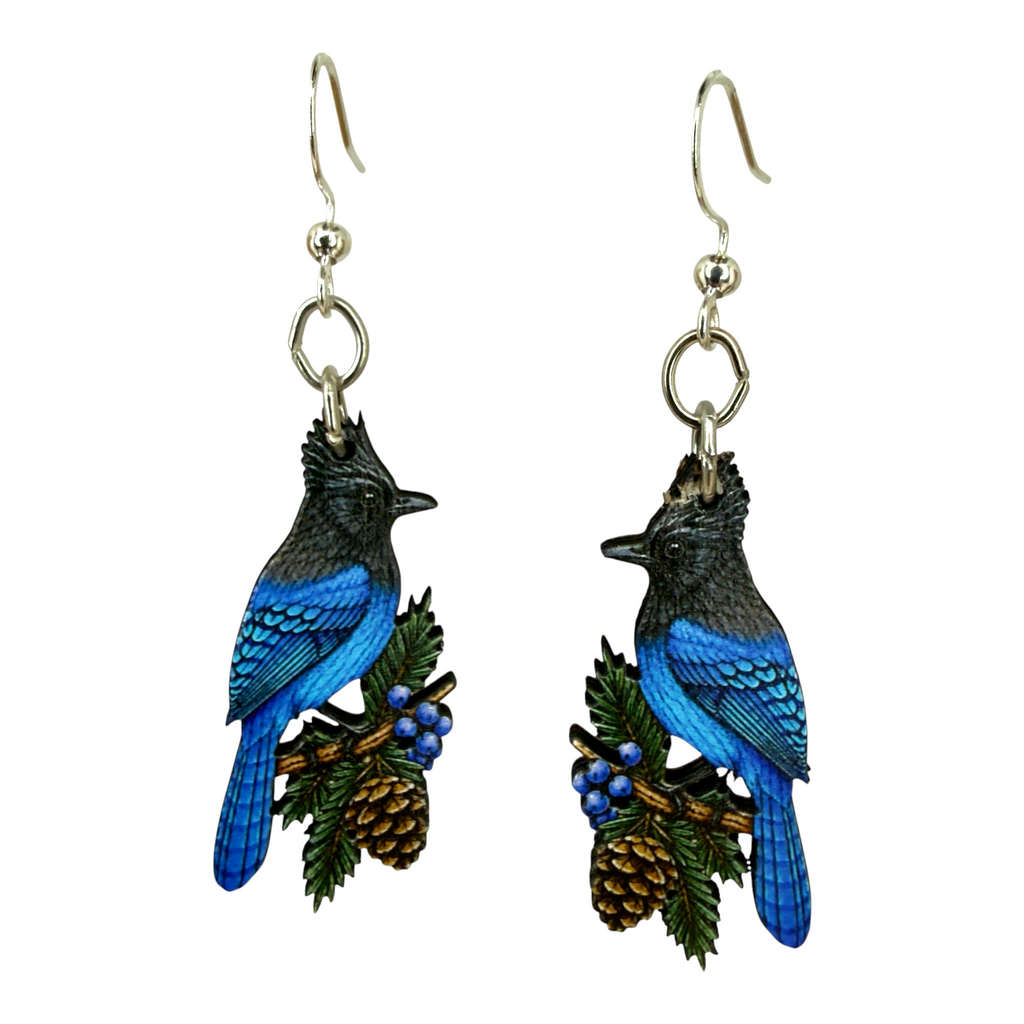 Blue Mocking Jay wood earrings