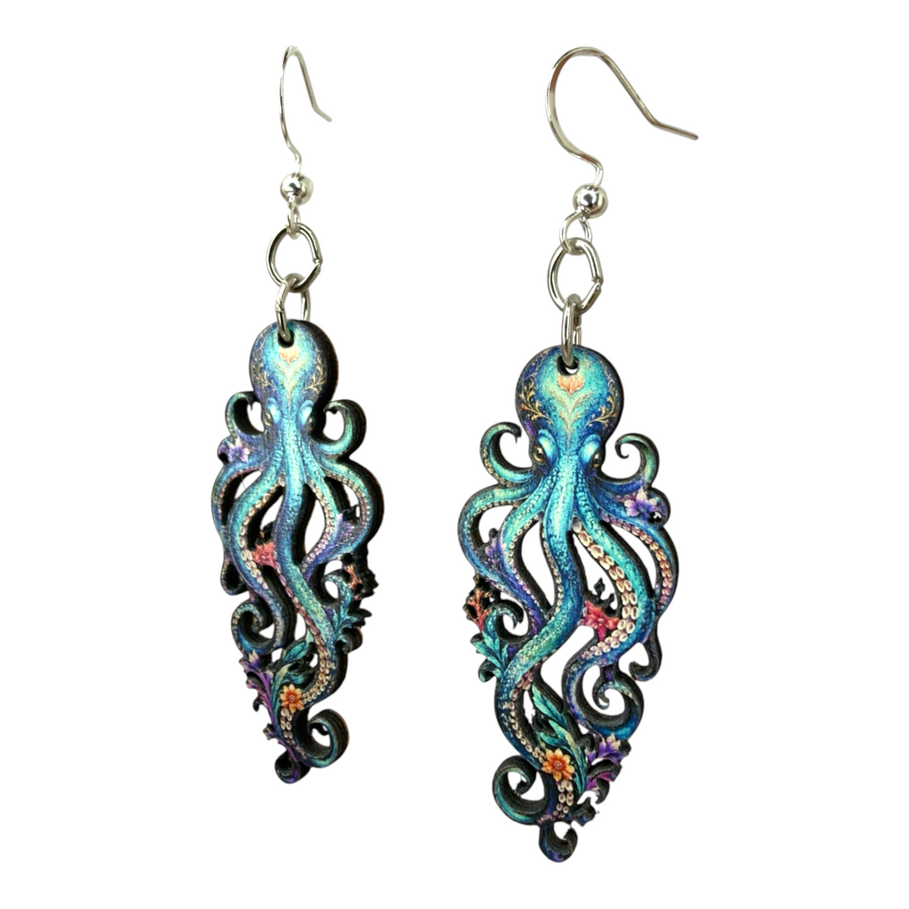 Colorful Octopus wood earrings