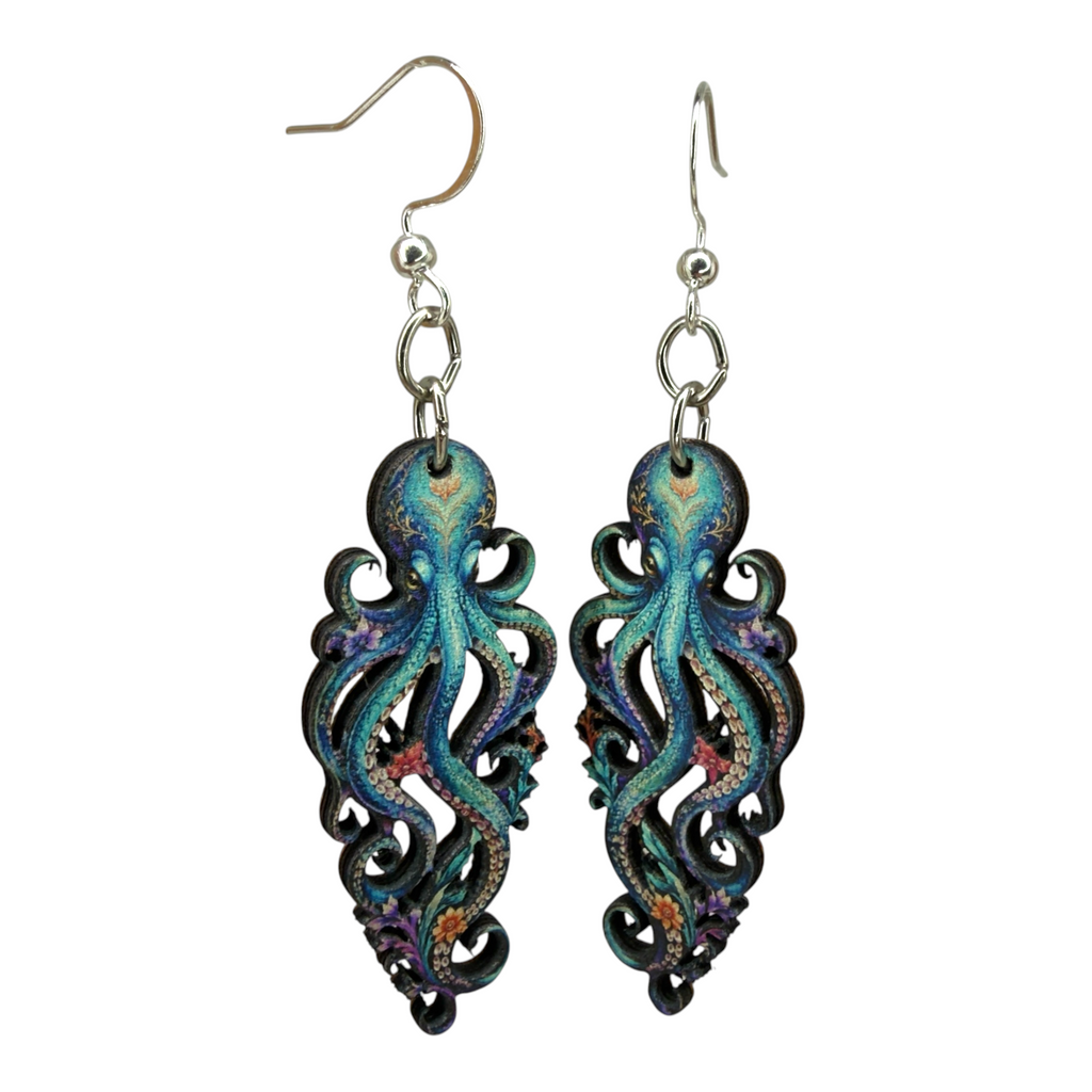 Colorful Octopus wood earrings