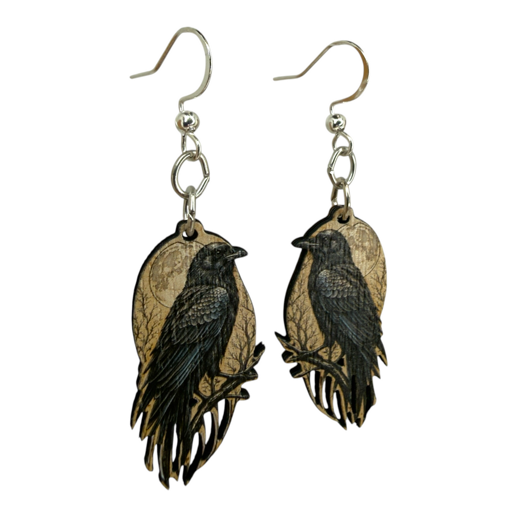 Raven Moon wood earrings