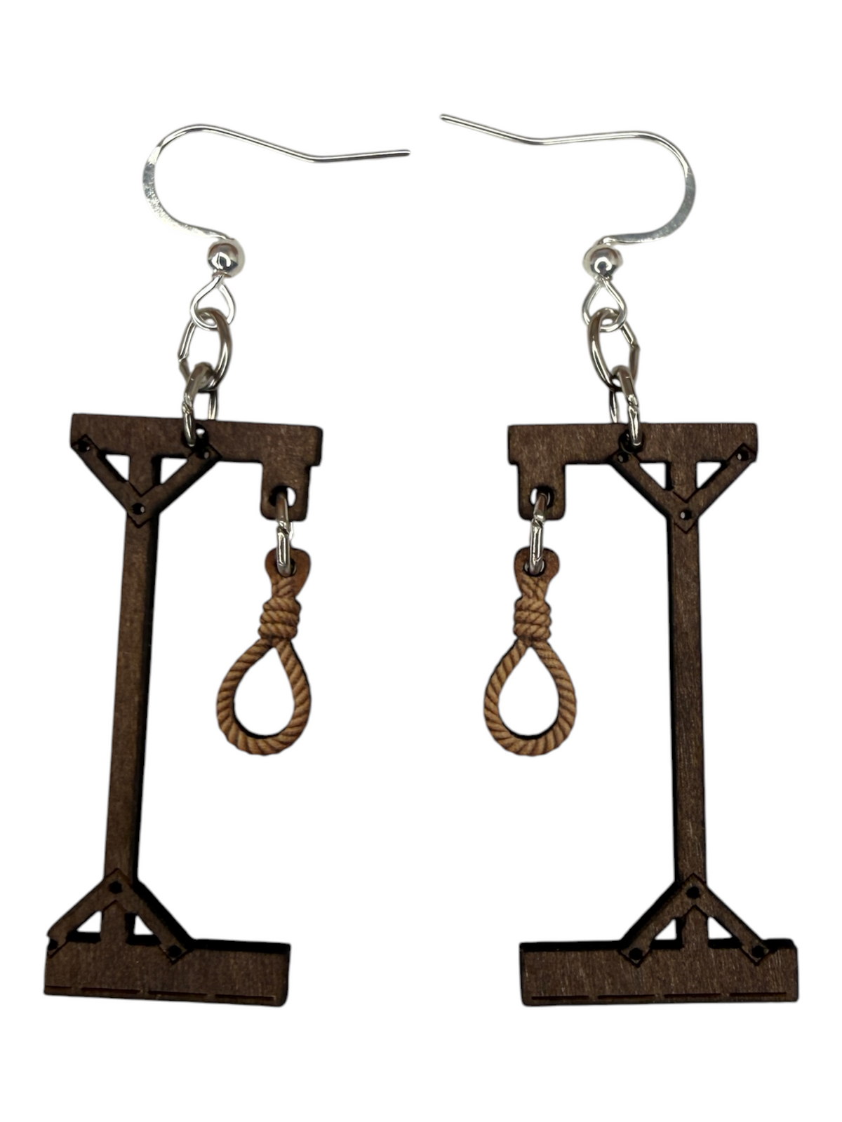 Hangman earrings with empty noose, laser-cut wood, made in USA