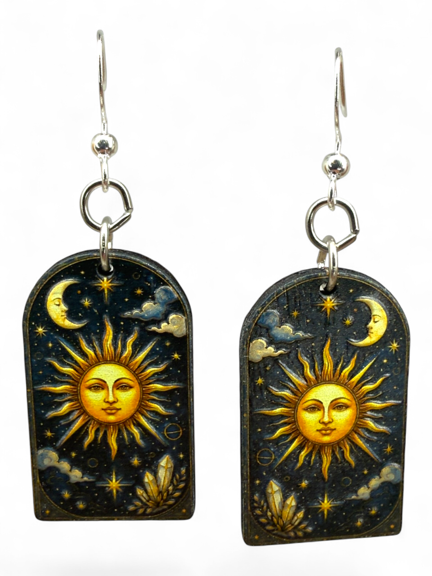 Sun Moon Crystal wood earrings