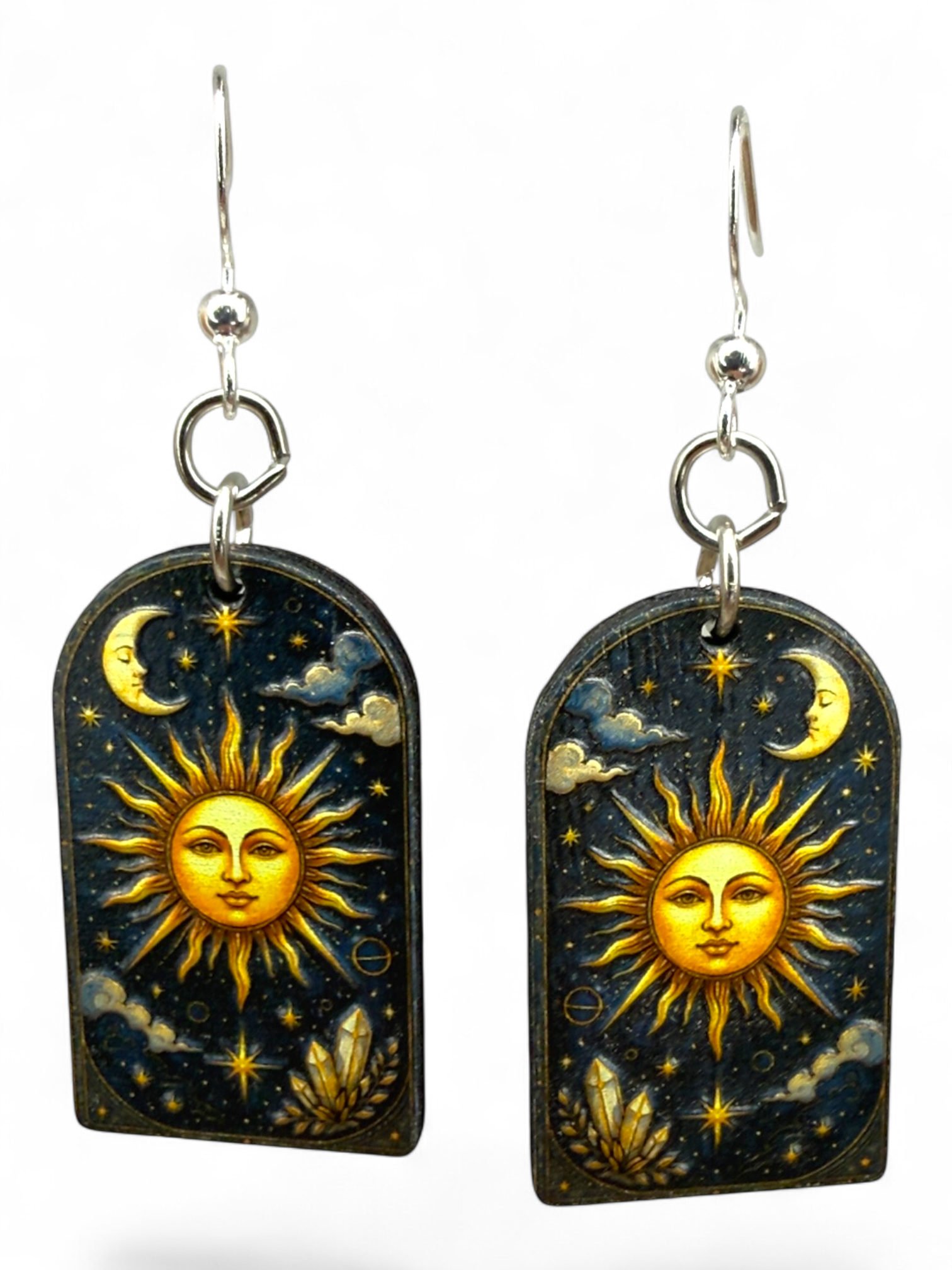 Sun Moon Crystal wood earrings